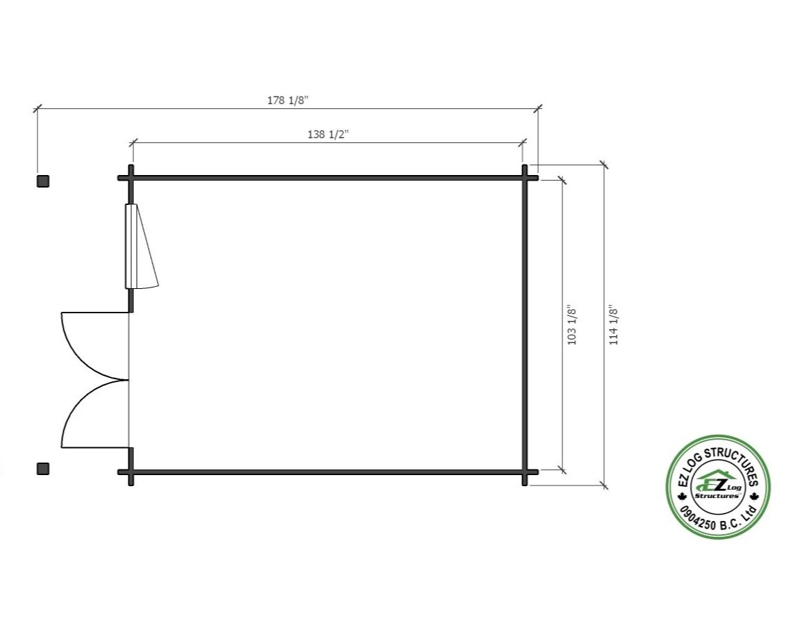 Floor plan of a small room with dimensions, showing a door on the left side and a window on the top side, with a logo of EZ Log Structures in the bottom right corner.