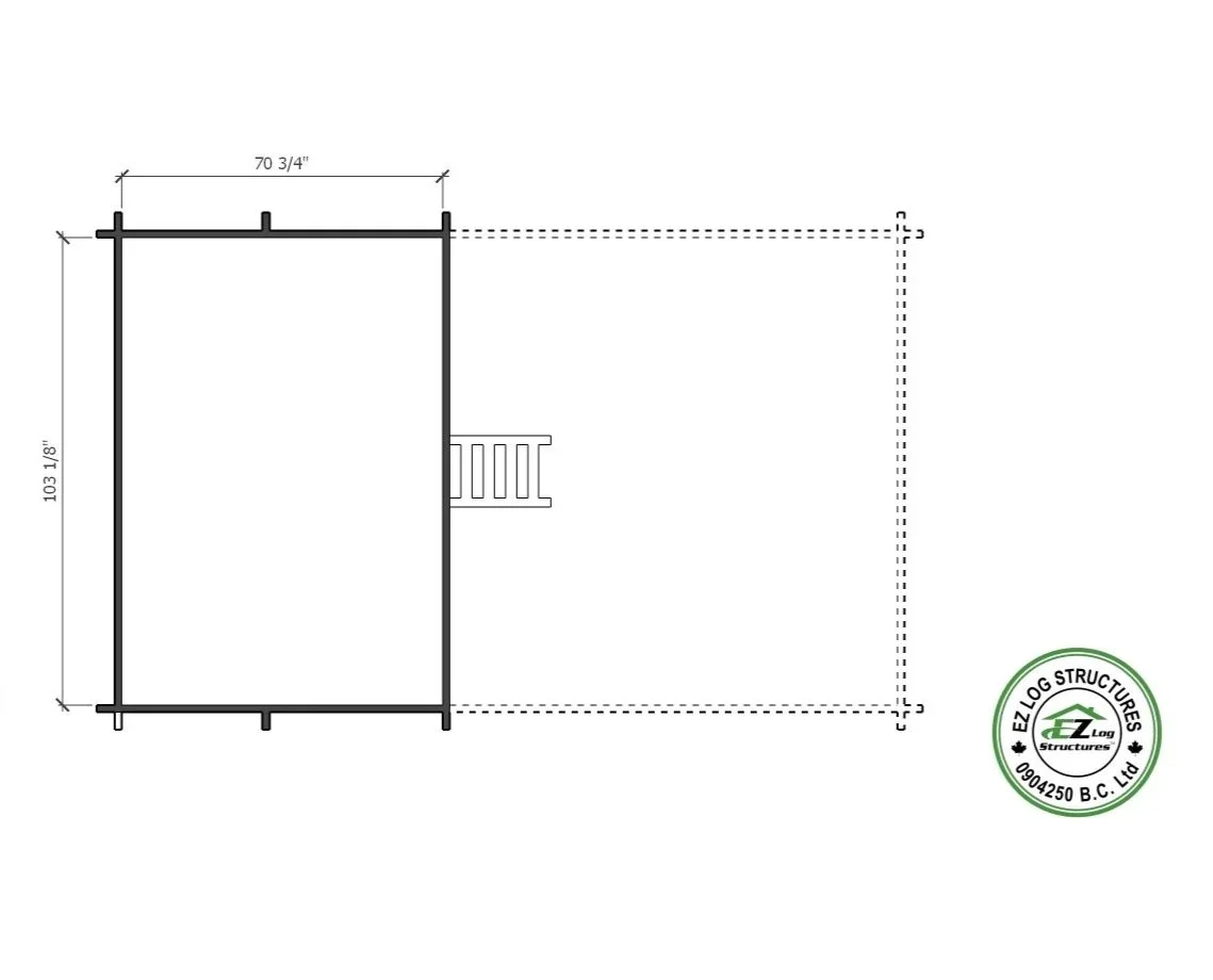 Floor plan of a small log cabin with dimensions marked, including a front porch, and an attached deck with stairs, featuring a logo in the bottom right corner labeled EZ Log Structures.