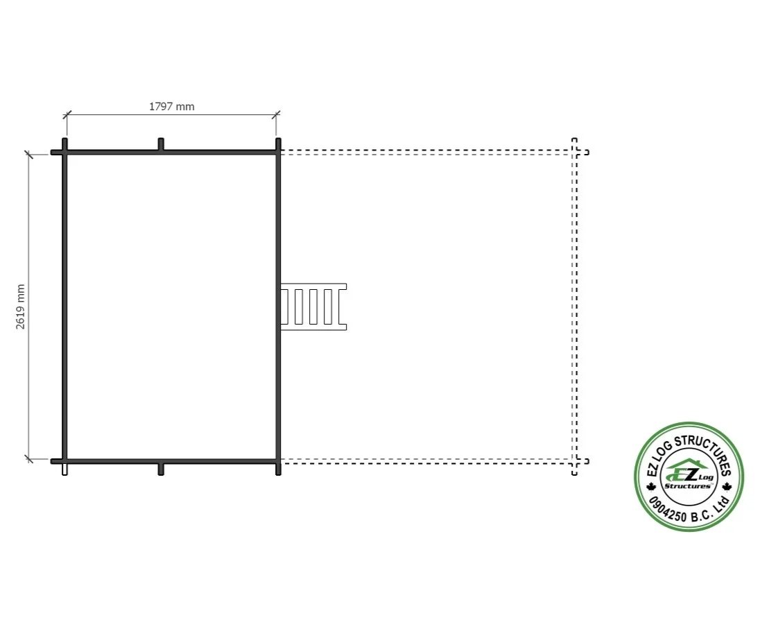 A technical drawing of a small rectangular structure with dimensions, including a staircase, and a logo for EZ Log Structures in the bottom right corner.