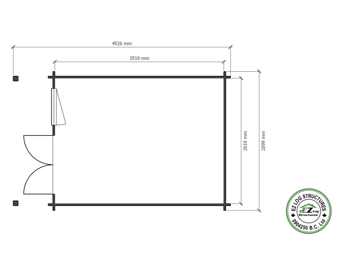 Floor plan of a small building with measurements in millimeters, including double doors on the left and a sliding door on the top wall, with a logo in the bottom right corner.