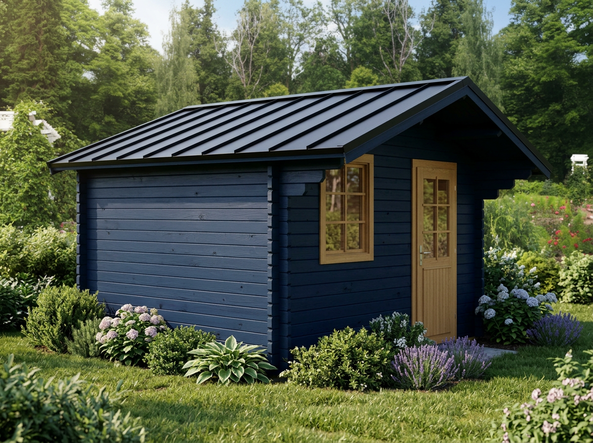 A small blue wooden garden shed with a black metal roof, featuring a wooden door and window, surrounded by lush greenery and flowering plants.