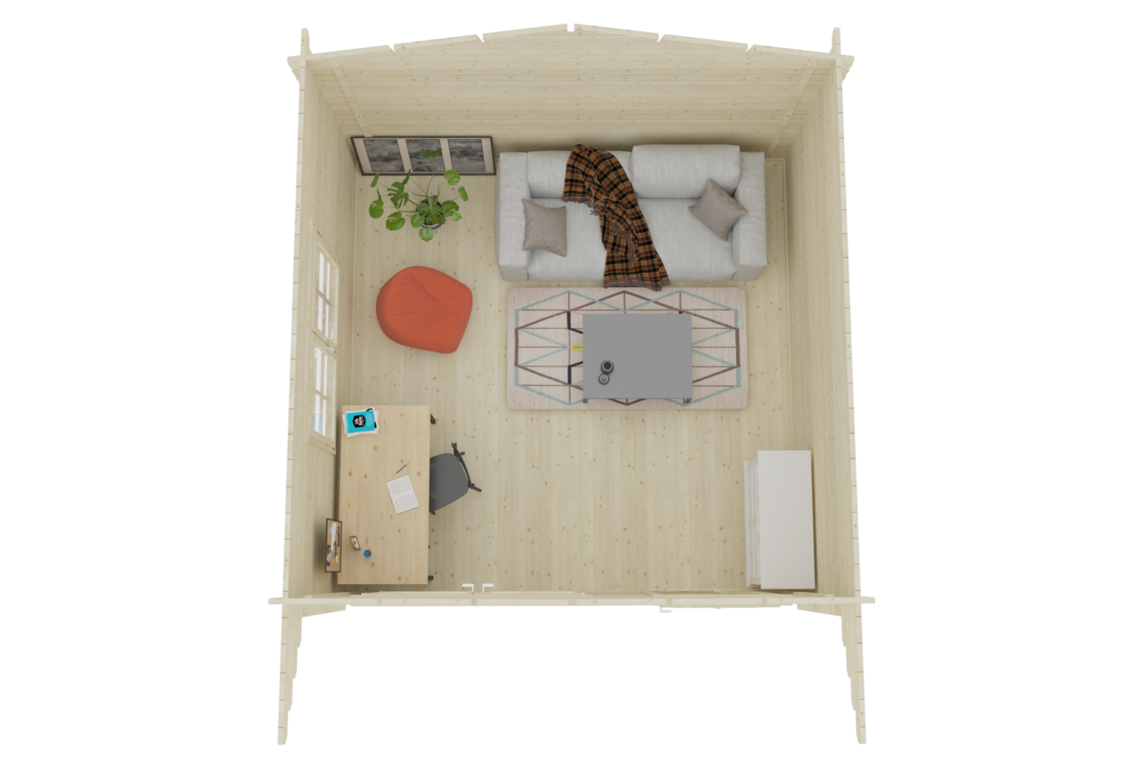 Top-down view of a cozy living room with a beige sofa, a colorful geometric area rug, a coffee table with two cups, an orange bean bag chair, a wooden desk with an open book, a chair, and a computer monitor, a white cabinet, and a framed black and wh