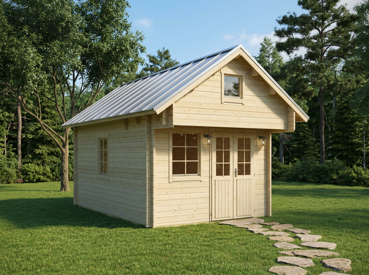 A small, light-colored wooden house with a metal roof, situated in a grassy yard with trees in the background, featuring a front door, several windows, and outdoor lanterns.