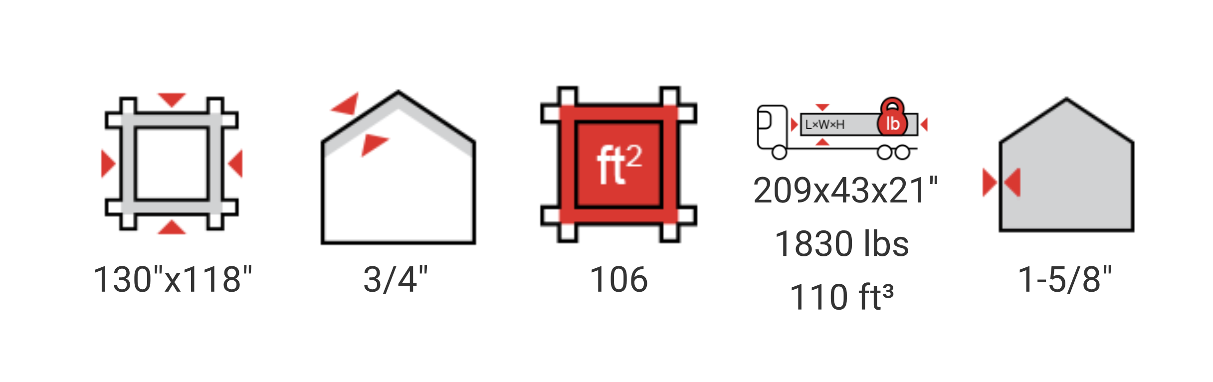 Diagram of different house and construction measurements including dimensions, square footage, weight, and size in inches.