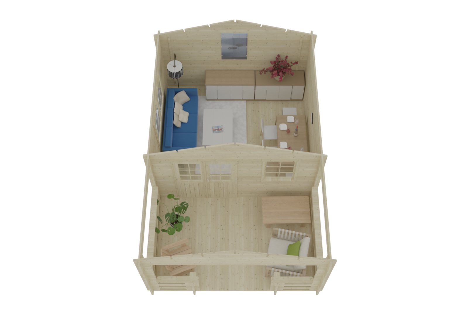 Top-down view of a small wooden house with an open floor plan, including a living room with a blue couch, a dining table with chairs, and a balcony with a large plant.