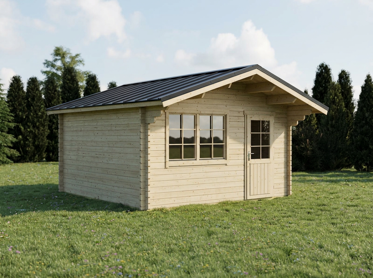 Small wooden shed with a corrugated metal roof, a window, and a door in a grassy field with trees in the background.