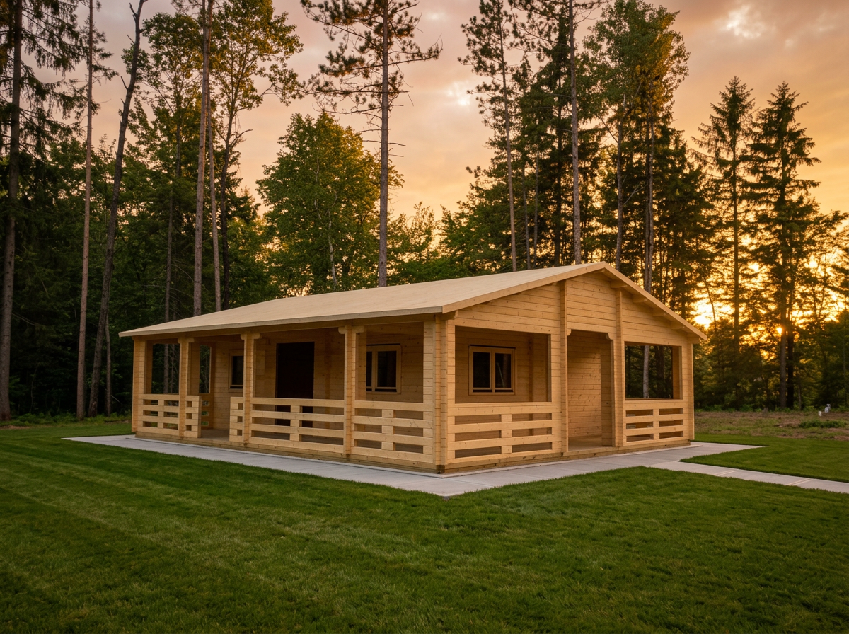 A wooden house under construction with a porch, surrounded by a grassy lawn and a forest, during sunset.