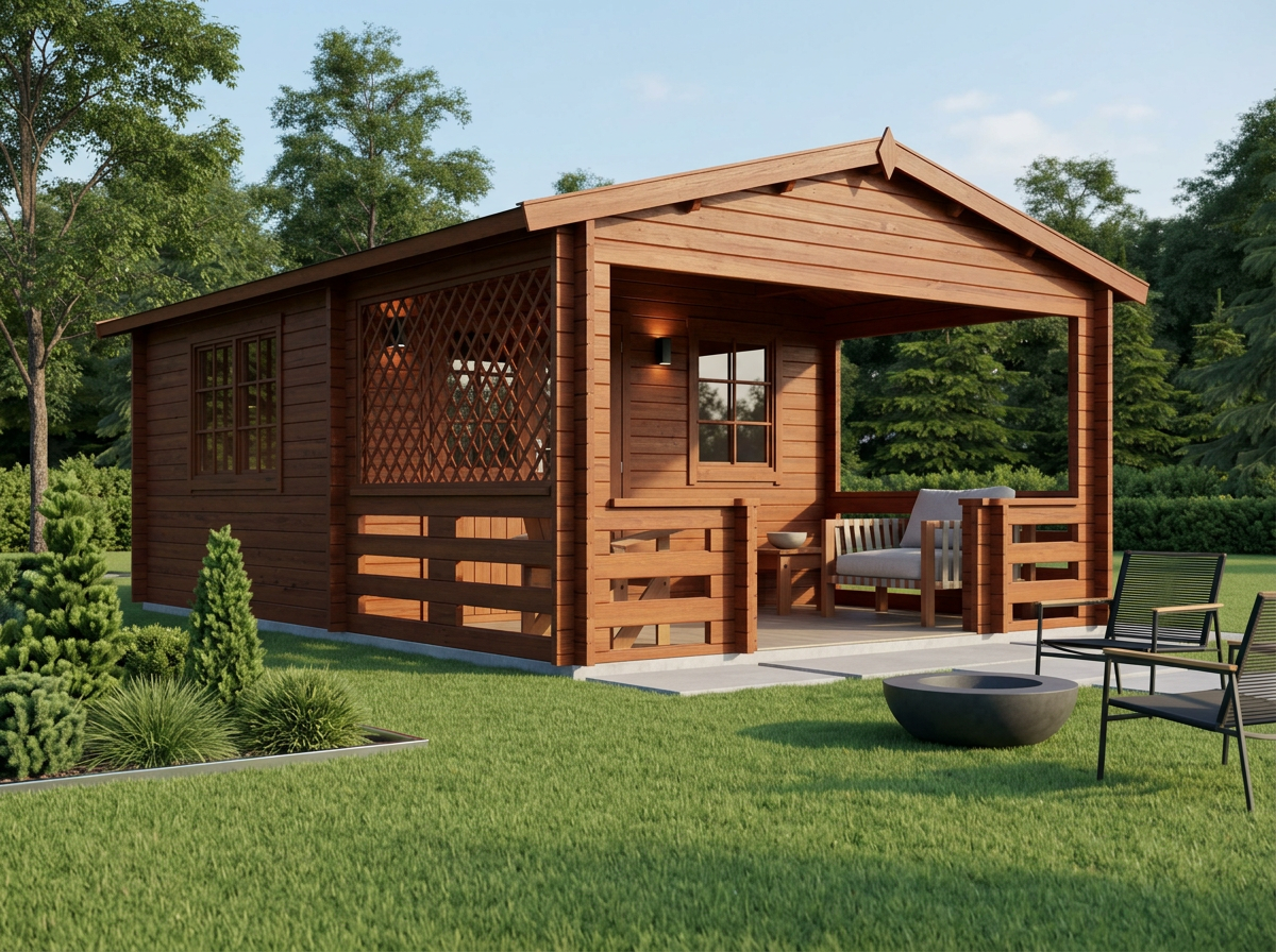 A wooden backyard shed with a covered porch, window, and lattice side, surrounded by green grass and trees, with outdoor chairs, a fire pit, and plants in the yard.