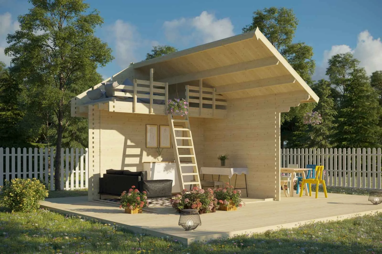 A small wooden house with an open porch and balcony, decorated with plants and outdoor furniture, situated in a backyard with trees and a white picket fence.