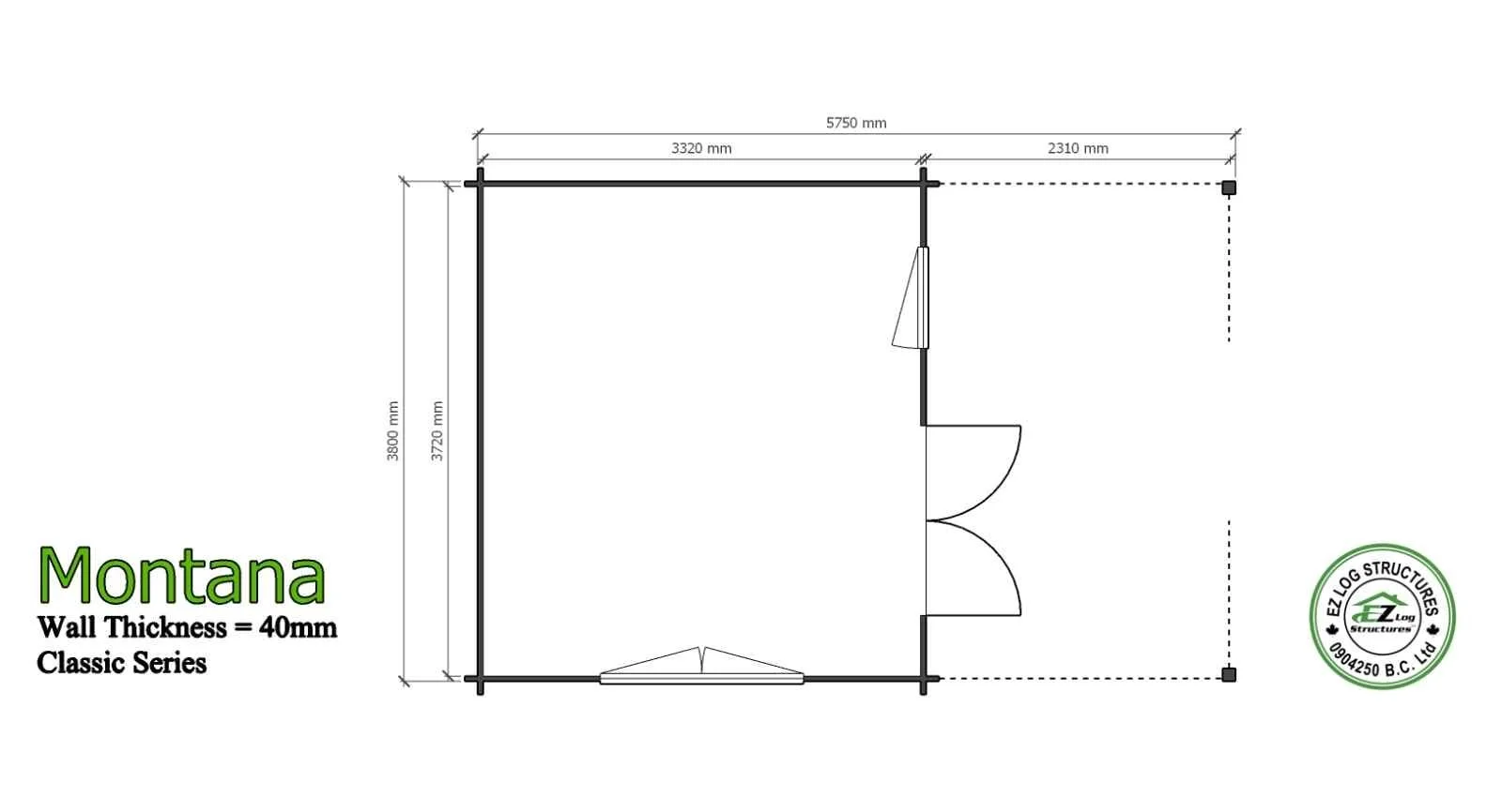 Architectural plan for a Montana walls with 40mm thickness, showing room dimensions, door placements, and a logo in the lower right corner.