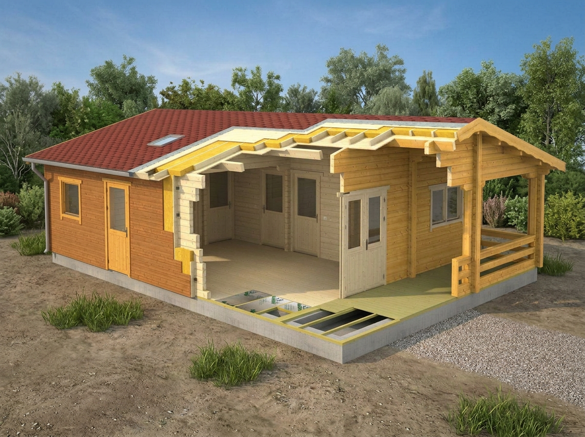 Digital rendering of a wooden house under construction with a red sloped roof, partial exterior walls, some window and door openings, and an unfinished porch area, set outdoors with trees in the background.