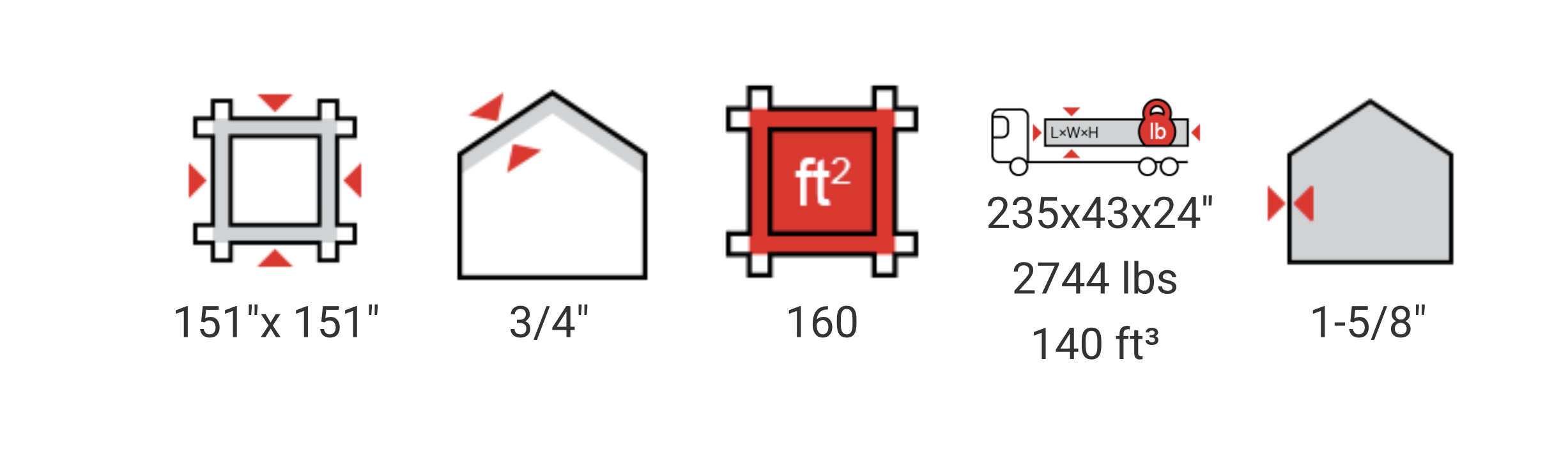 Diagram showing construction measurements and specifications for a structure, including dimensions in inches, squares footage, and weight in pounds, with illustrations of a square, octagon, house shape, and irregular shape.
