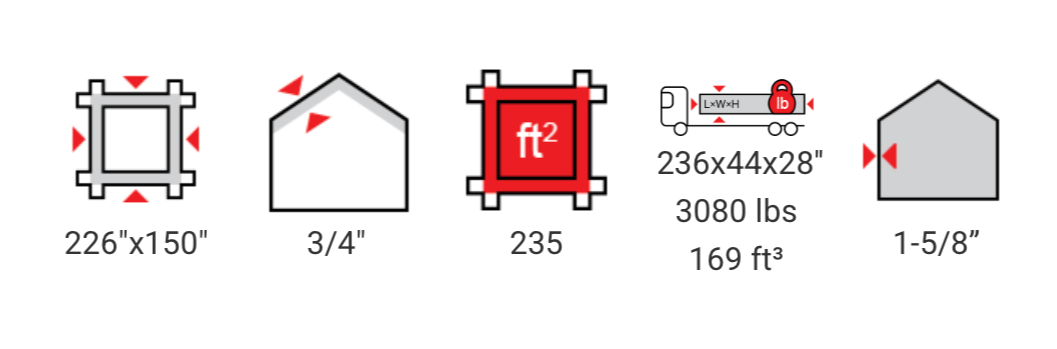 Series of construction icons showing measurements for a building or structure, including dimensions in inches, feet, and pounds, as well as area and volume measurements.