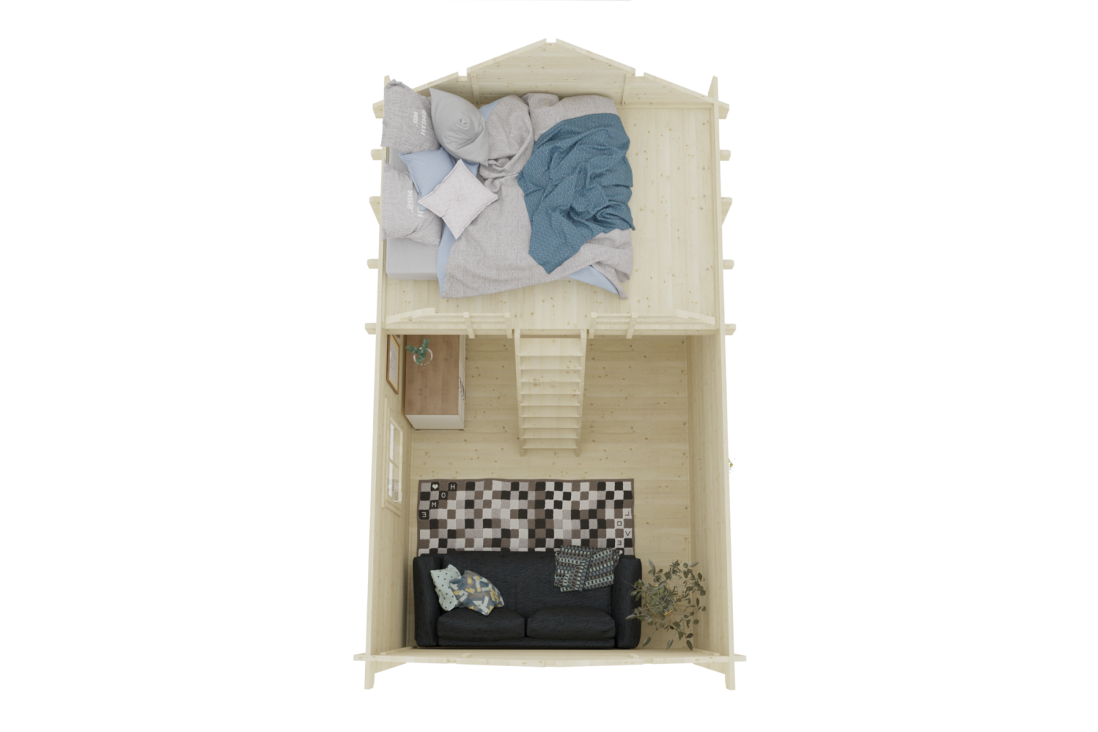 Top-down view of a two-story tiny house interior with a bedroom on the upper level, a staircase, and a living area on the lower level. The bedroom has a bed with gray and blue bedding and pillows. The living area has a dark sofa, a patterned rug, a s