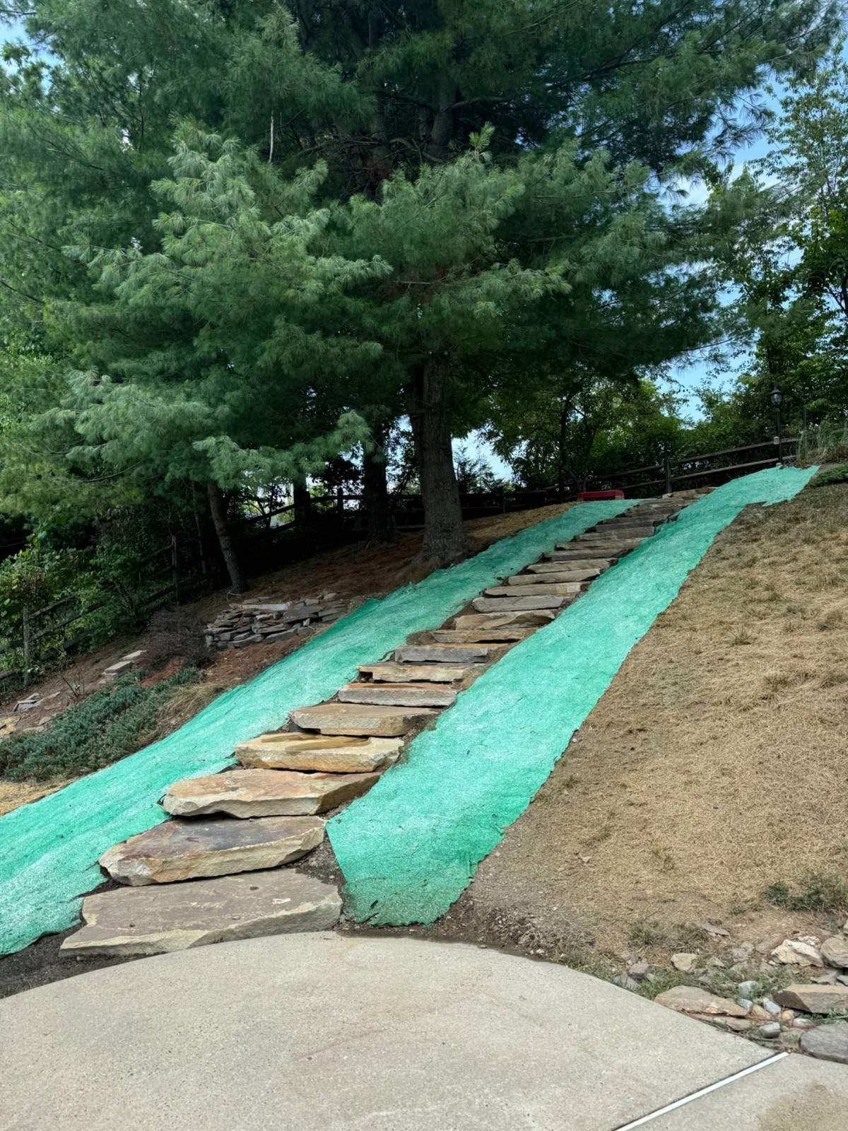 Natural stone stepping path installed on a sloped residential landscape, surrounded by erosion control matting to help stabilize the soil and create an accessible garden walkway.