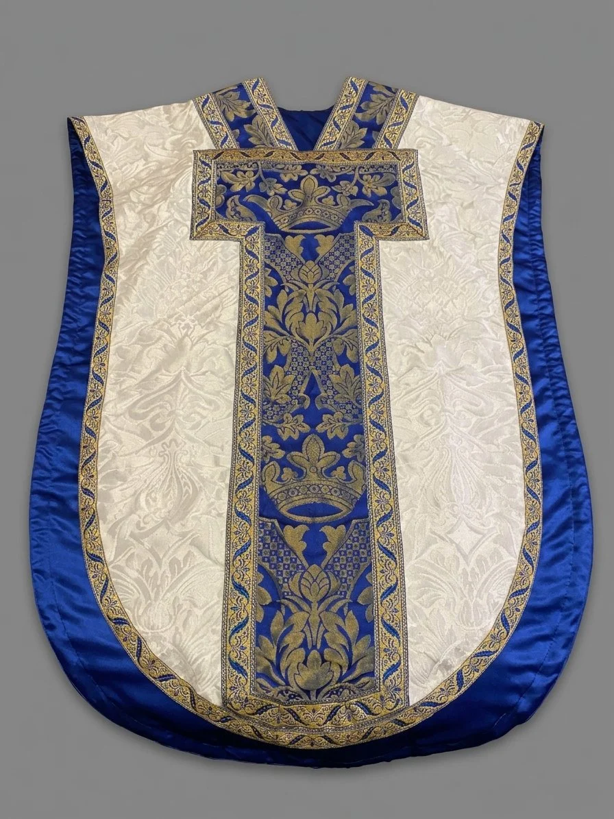 A religious vestment, likely a chasuble, with intricate gold and blue embroidery on a white fabric background. The embroidery features floral and ornamental patterns with a large cross in the center.