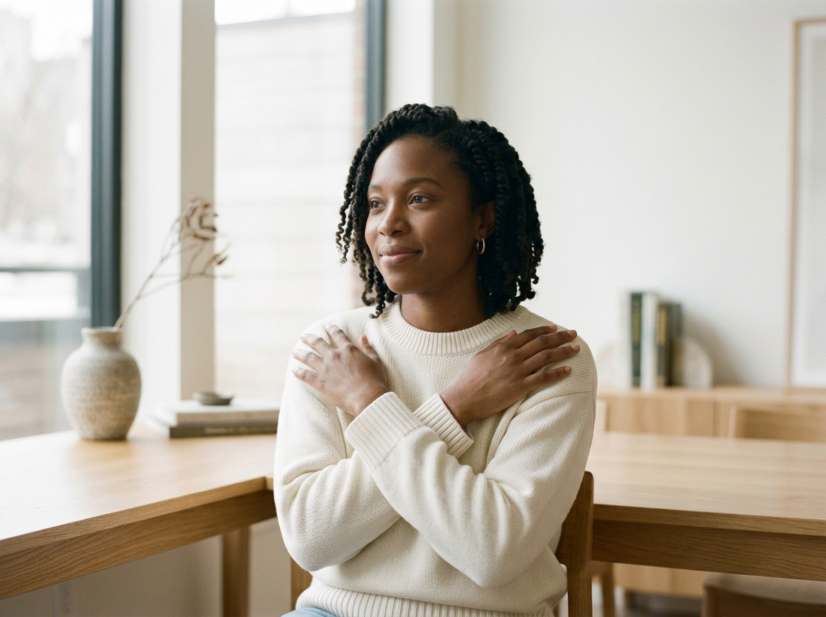 A woman with curly black hair sitting in a room with large windows, crossing her arms over her chest with a calm expression, wearing a light-colored sweater.
