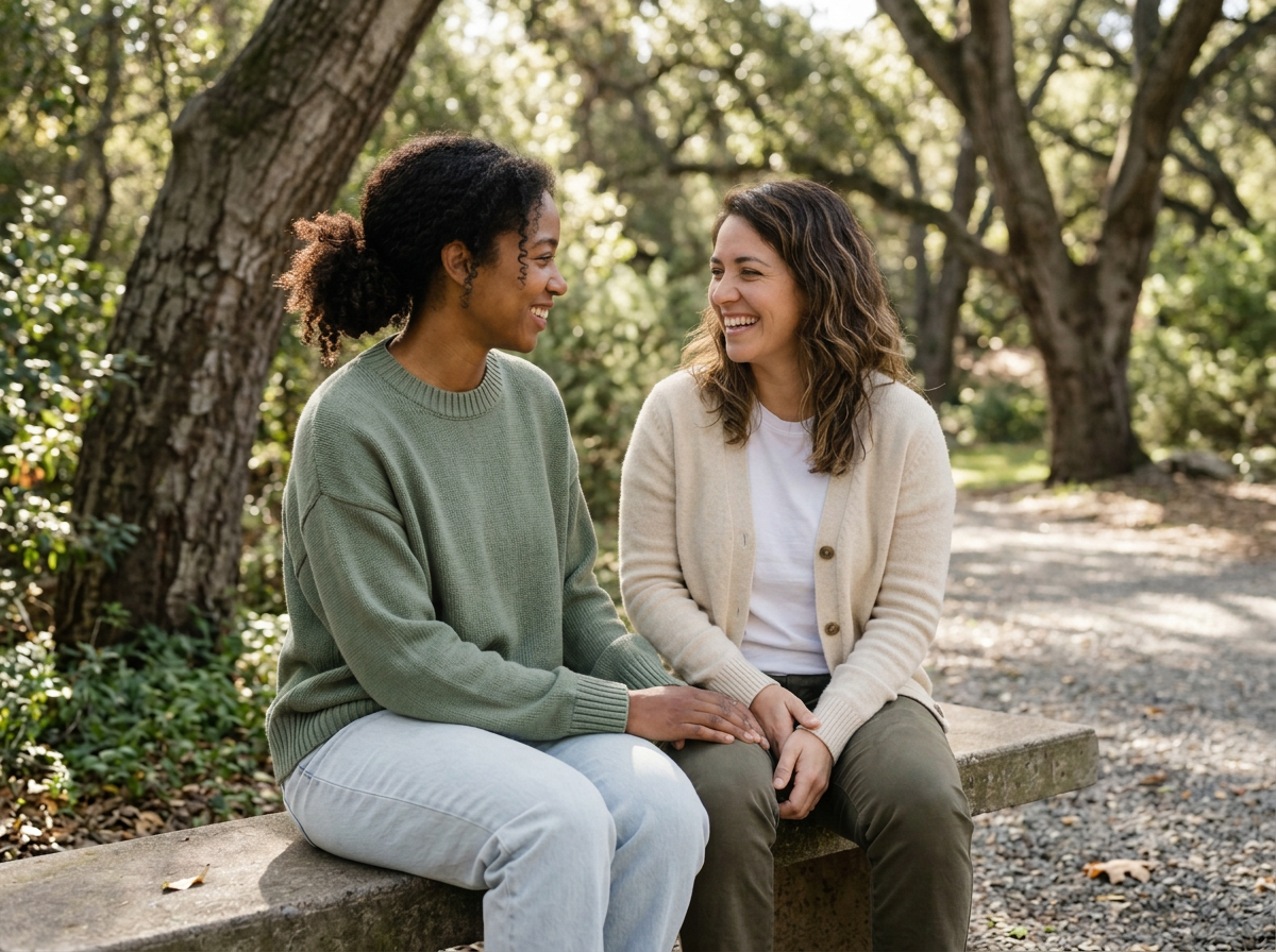 Two women are sitting on a bench outdoors, smiling and engaging in a conversation. The woman on the left has dark curly hair tied back in a ponytail and is wearing a green sweater and light pants. The woman on the right has wavy brown hair and is wearing a beige cardigan over a white shirt and dark pants. They are surrounded by trees and greenery in a park setting.