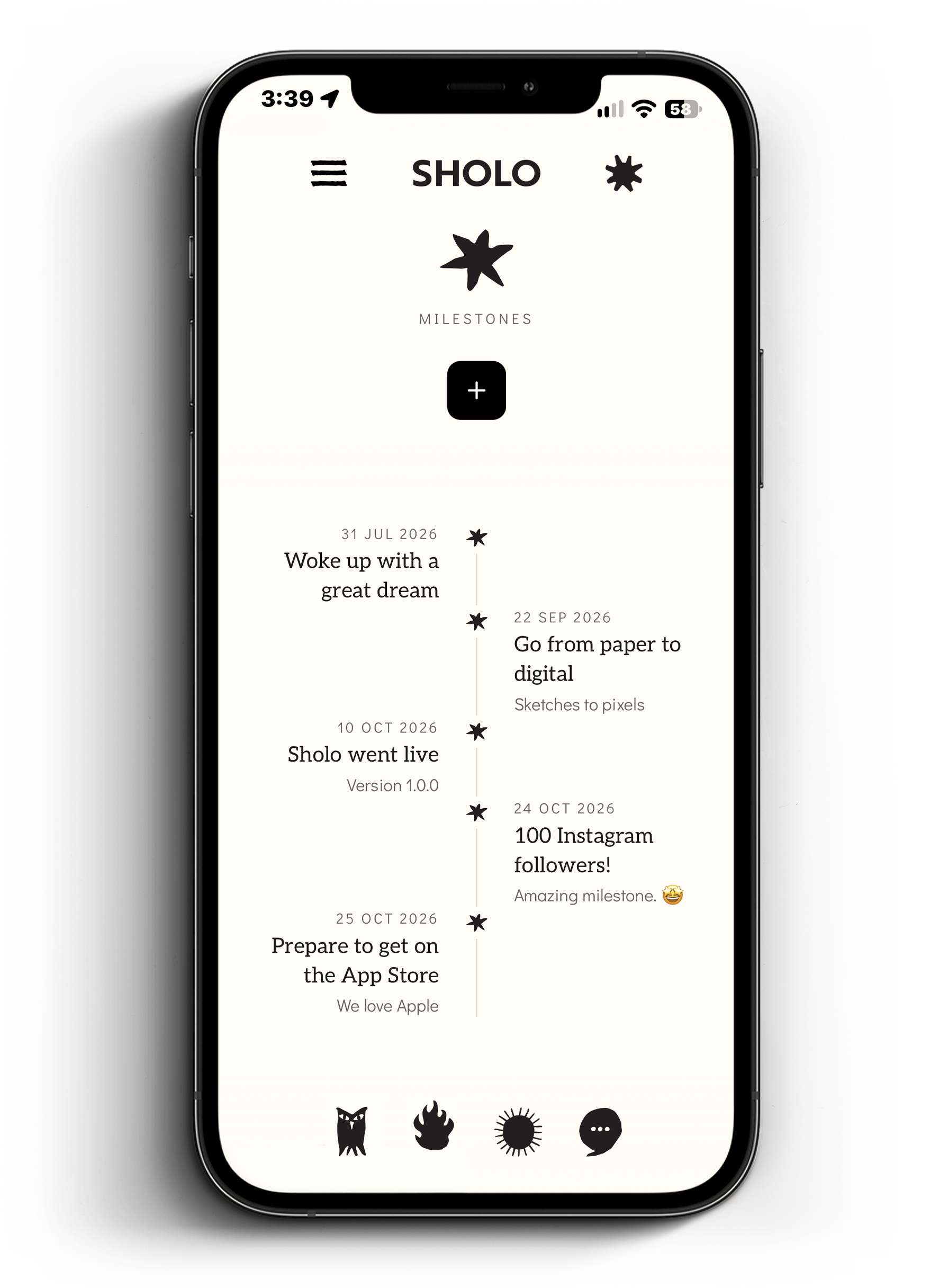 iPhone displaying the Sholo milestones app with a vertical timeline of dated achievements