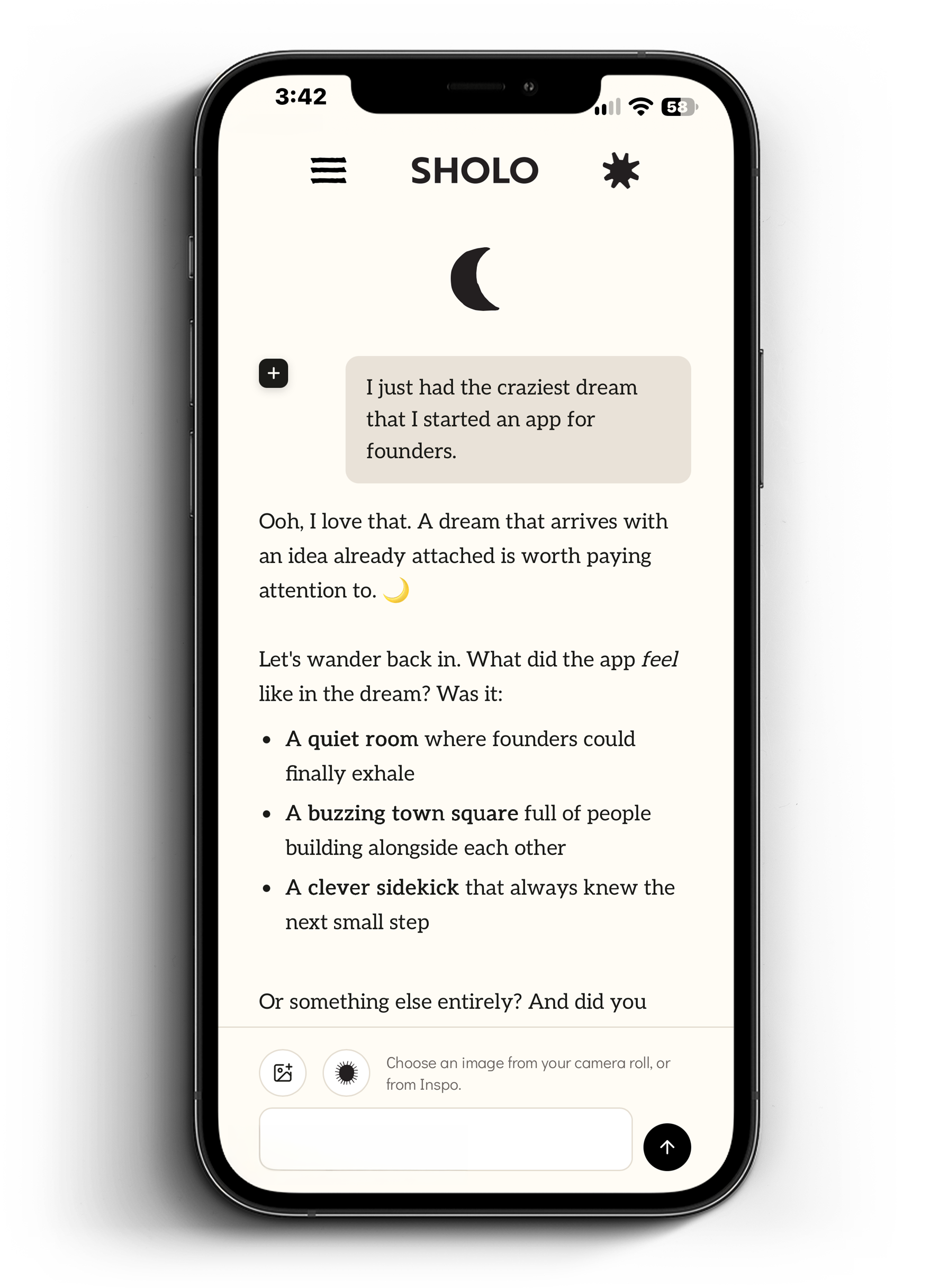 iPhone displaying the SHOLO app, an AI-guided dream journaling conversation about an app idea for founders.