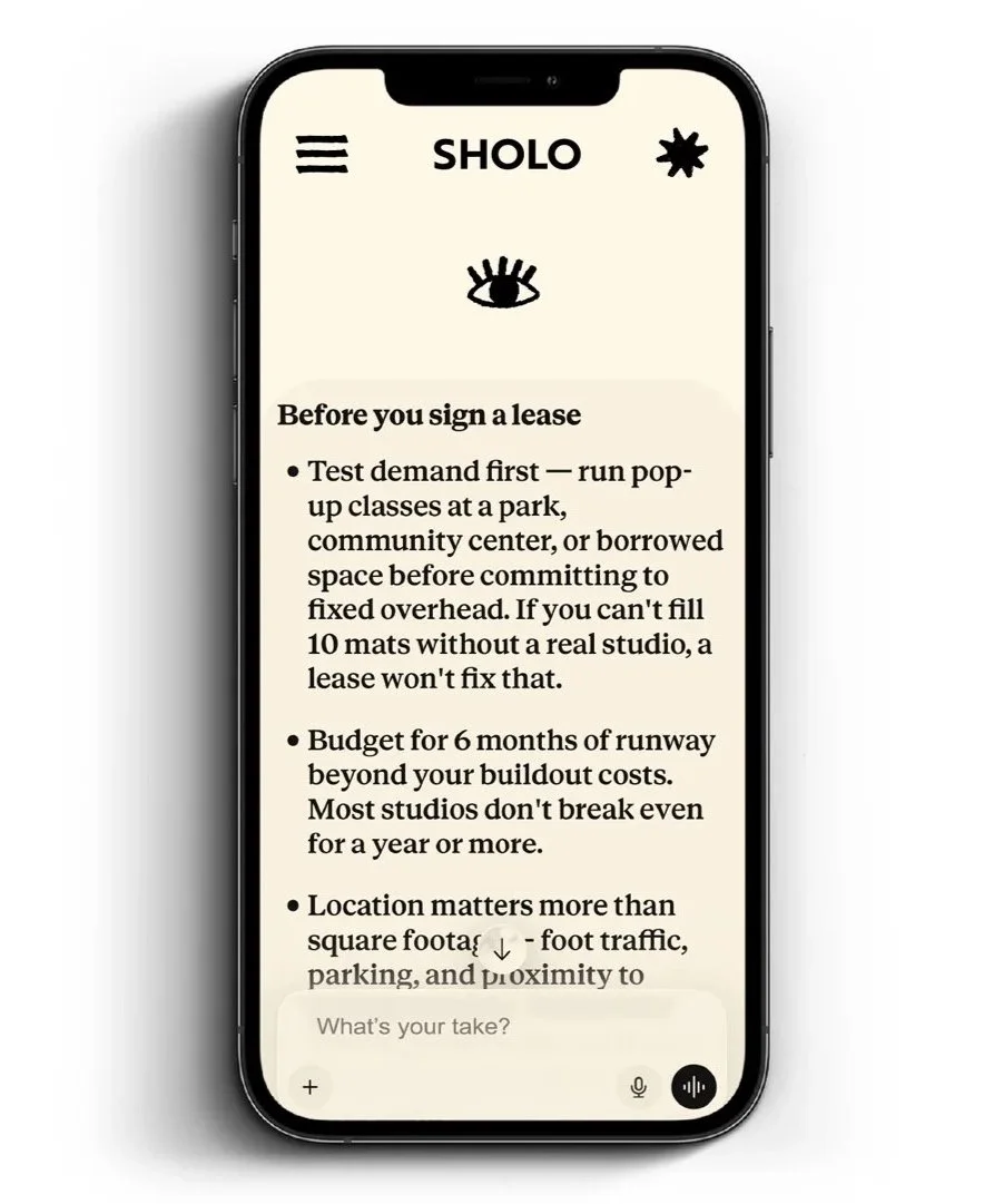 Smartphone screen showing a list of tips for leasing studio space, with a logo titled 'SHOLO' at the top, a menu icon, and a decorative eye graphic.