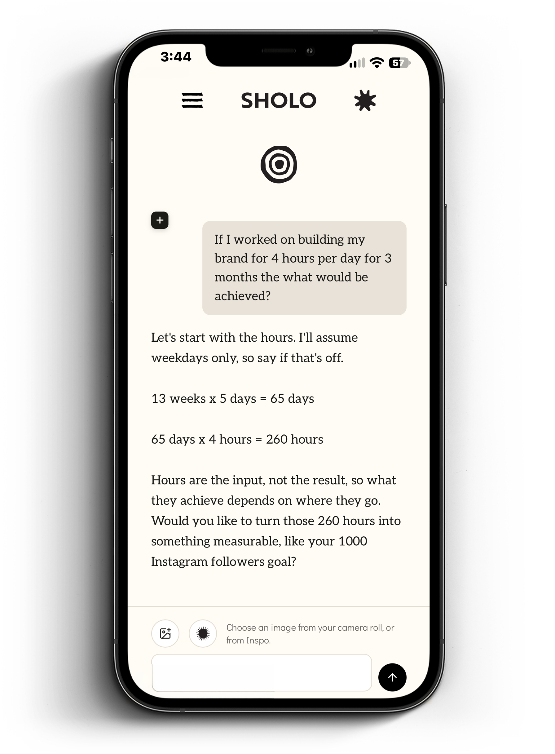 Smartphone displaying the SHOLO app, with a conversation about 260 hours spent building a brand over three months and reaching 1,000 Instagram followers.