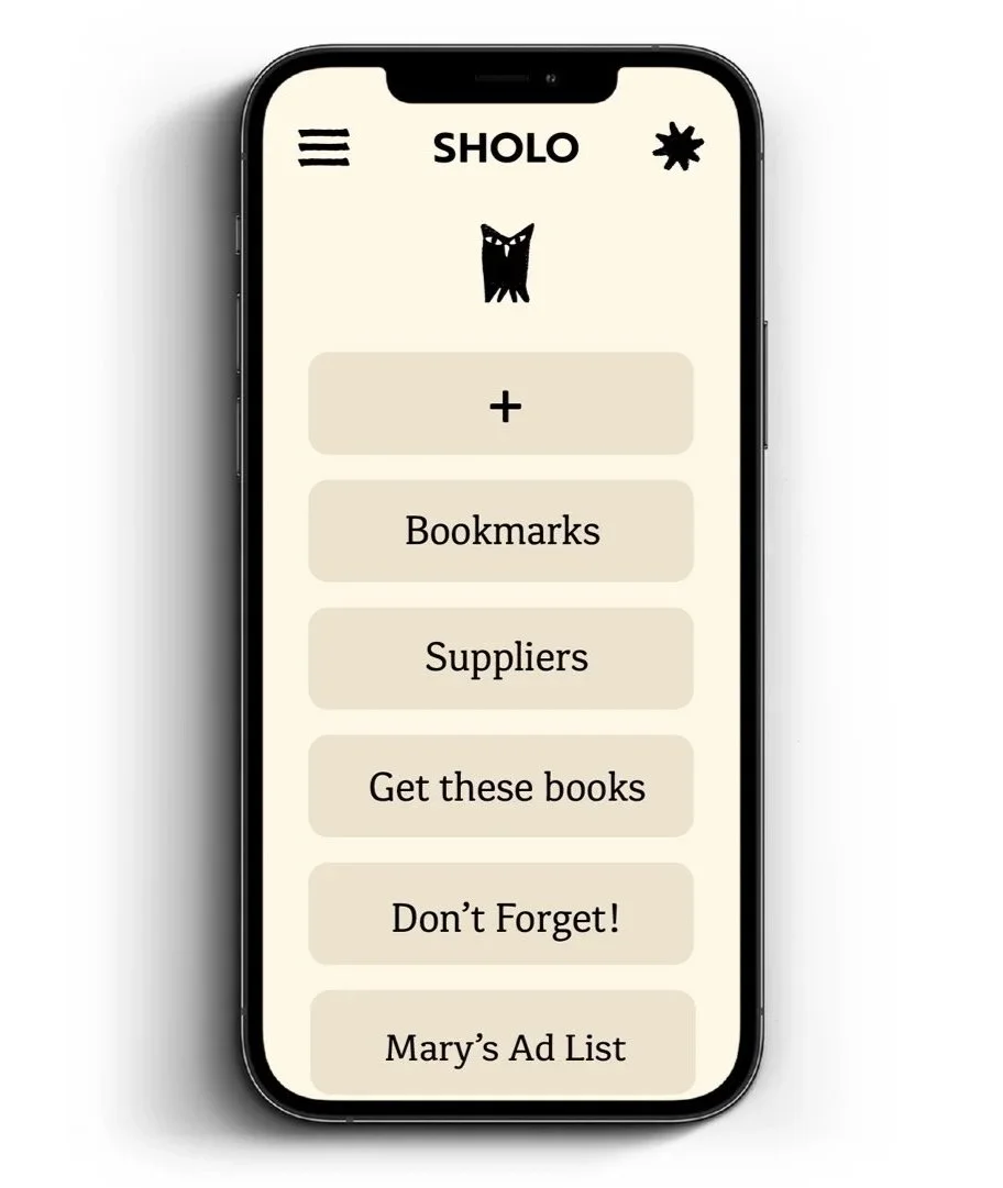 Screenshot of a mobile app called 'SHOLO' with menu options including Bookmarks, Suppliers, Get these books, Don't Forget!, and Mary's Ad List. The app features a doodle of a cat and a star icon at the top.