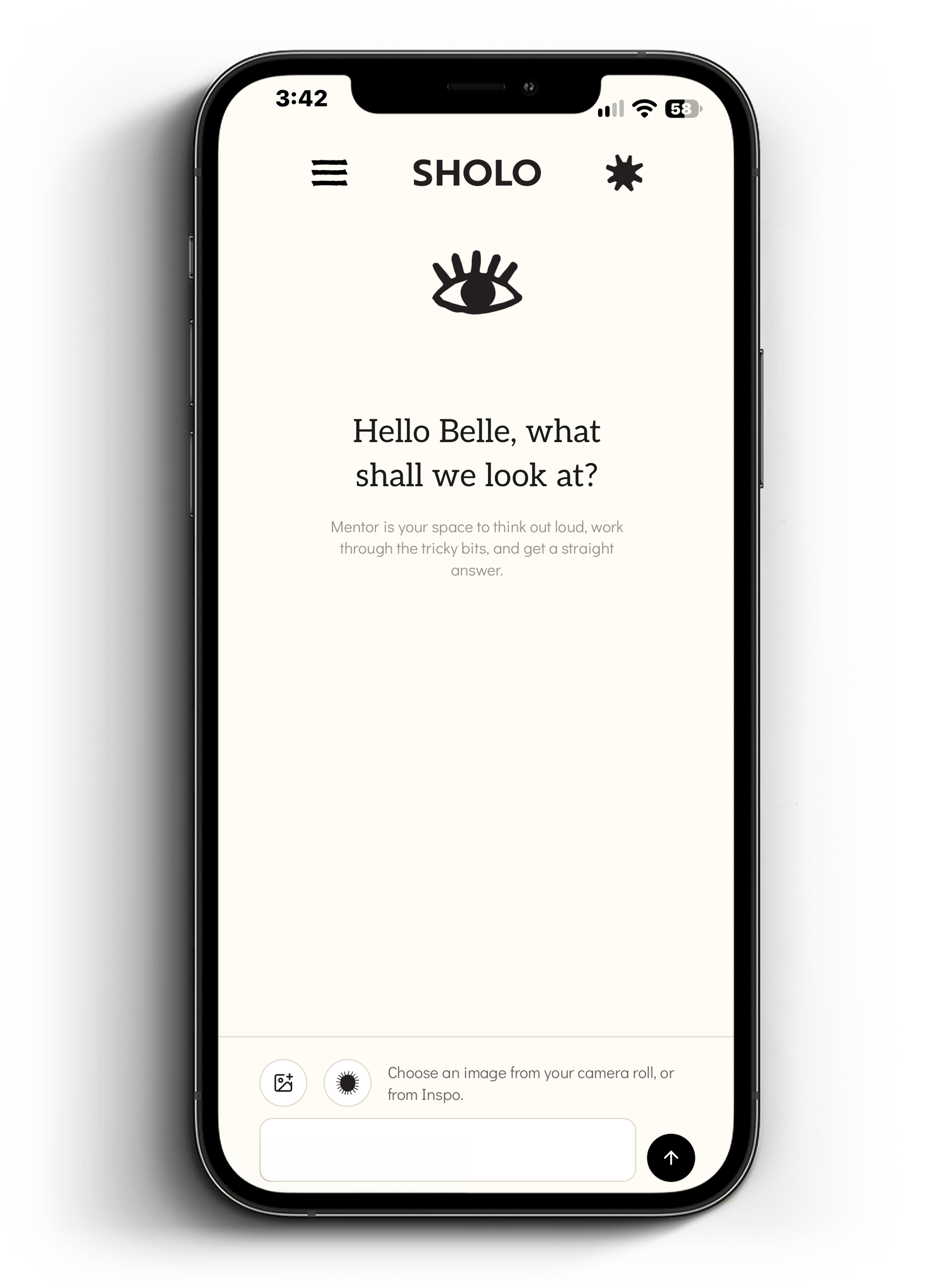 Smartphone displaying the SHOLO app interface with an eye icon, mentor prompt, image selection controls, and text input field
