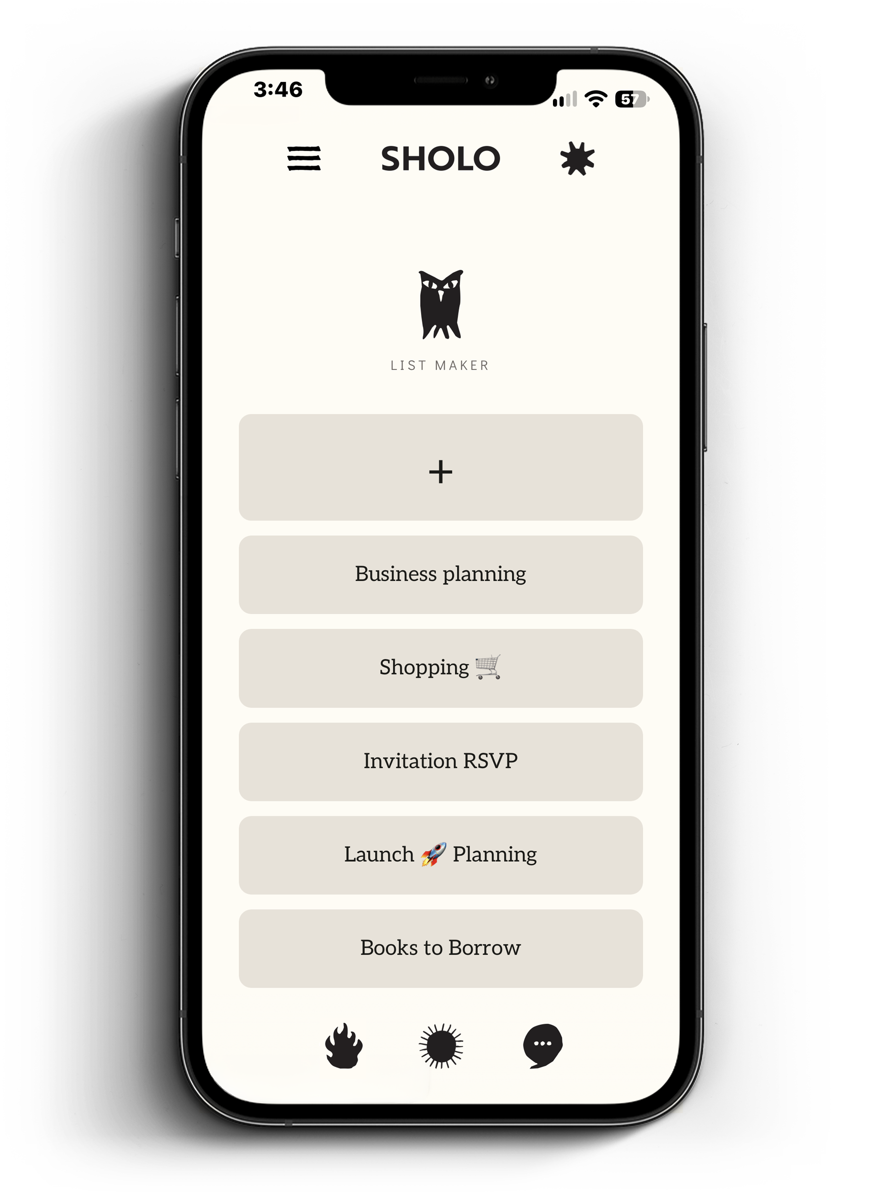Smartphone displaying the SHOLO list maker app with categorized lists for business planning, shopping, invitations, launch planning, and books to borrow.