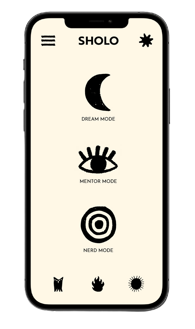 A smartphone screen displaying an app called 'SHOLO' with three modes: Dream Mode with a crescent moon icon, Mentor Mode with an eye icon, and Nerd Mode with a target icon. There are three additional icons at the bottom representing different options or settings.