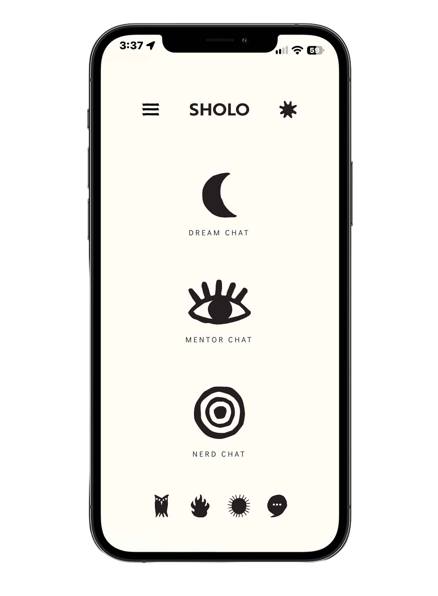 SHOLO mobile app screen displaying Dream Chat, Mentor Chat, and Nerd Chat options with illustrated icons.