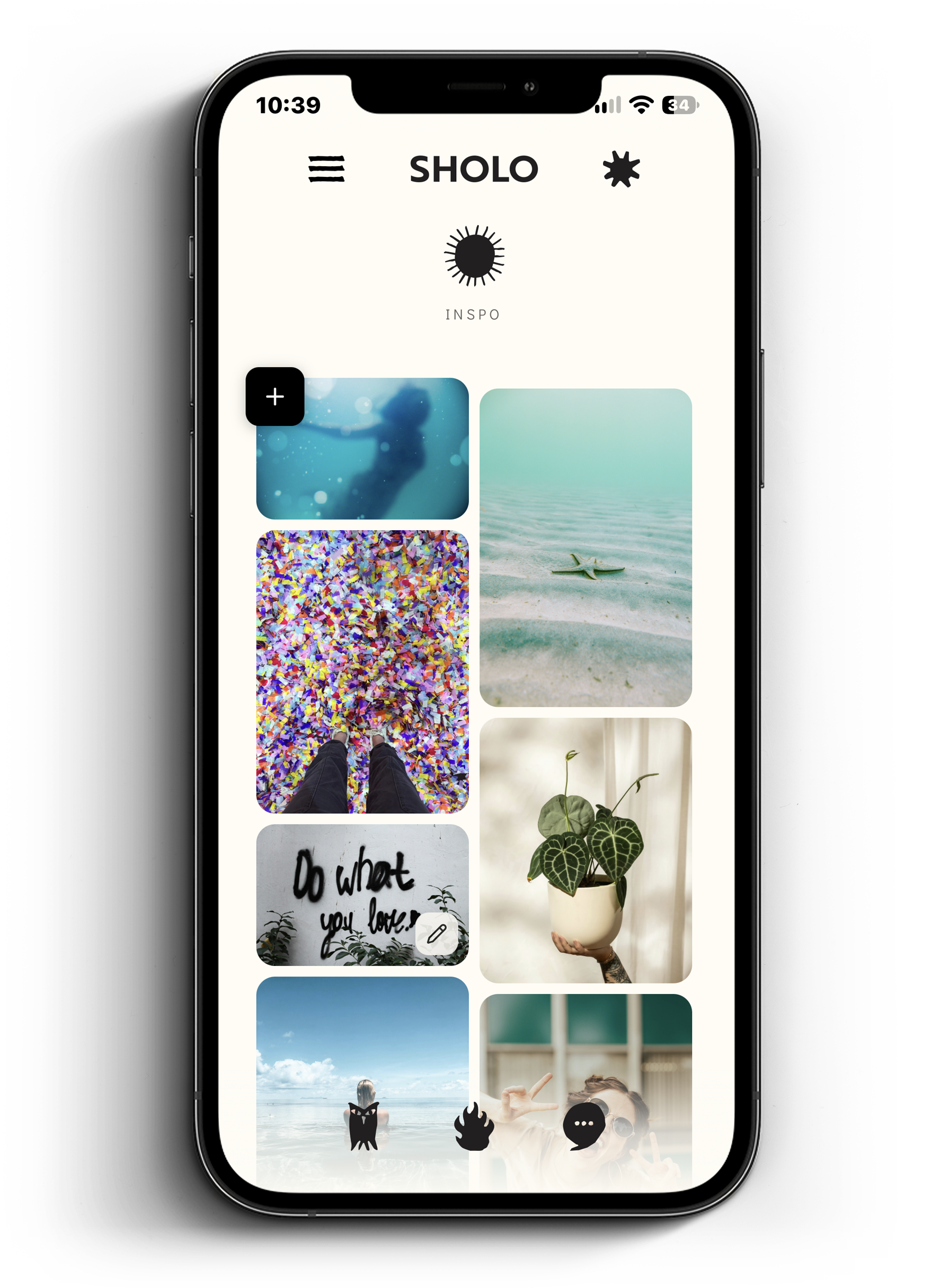 Smartphone displaying the SHOLO inspiration app with a two-column mood board of ocean scenes, colorful confetti, plants, beach photos, and motivational text.