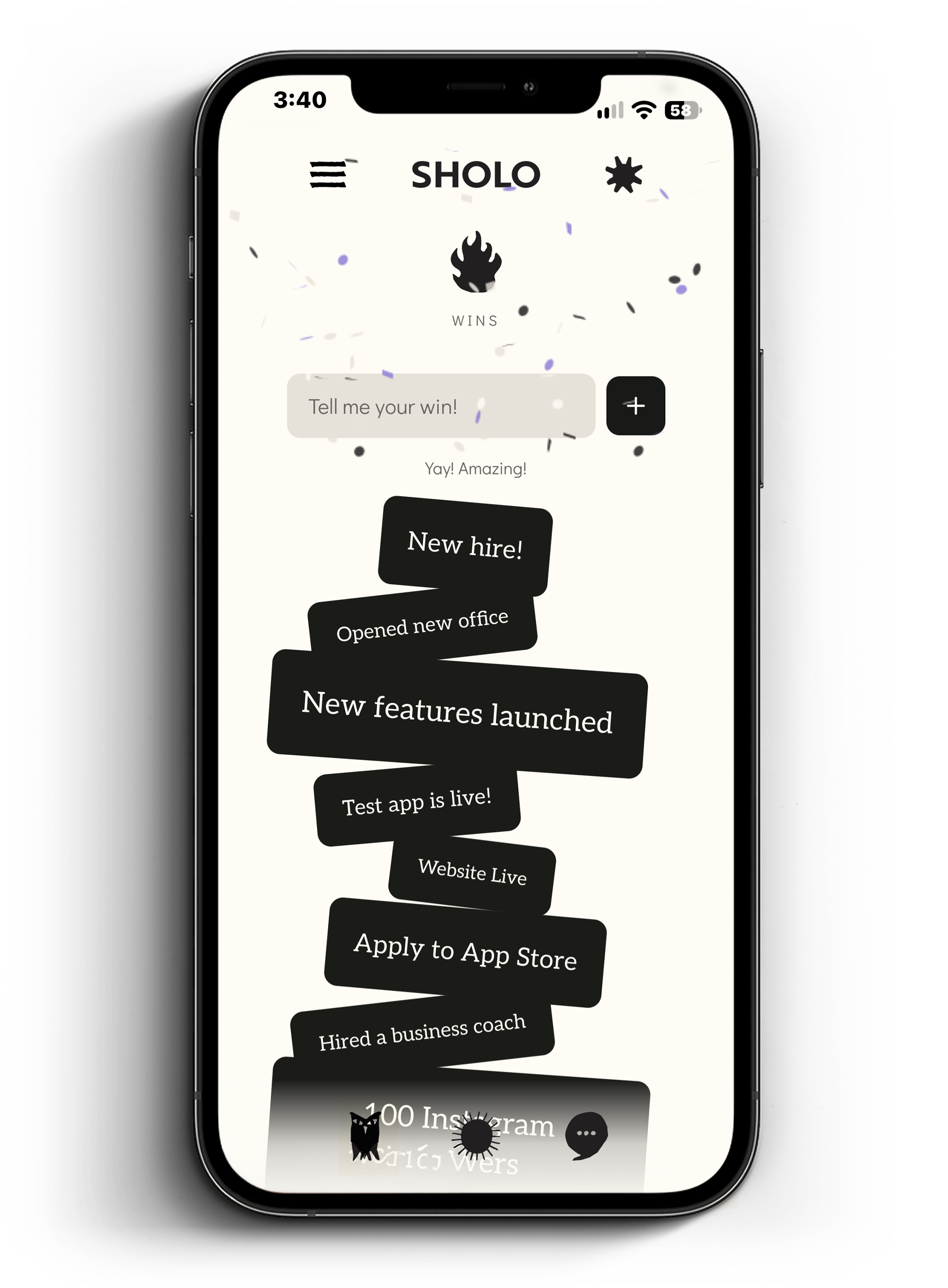 Smartphone displaying the SHOLO app with a wins tracker, celebratory confetti, and selectable achievement categories.