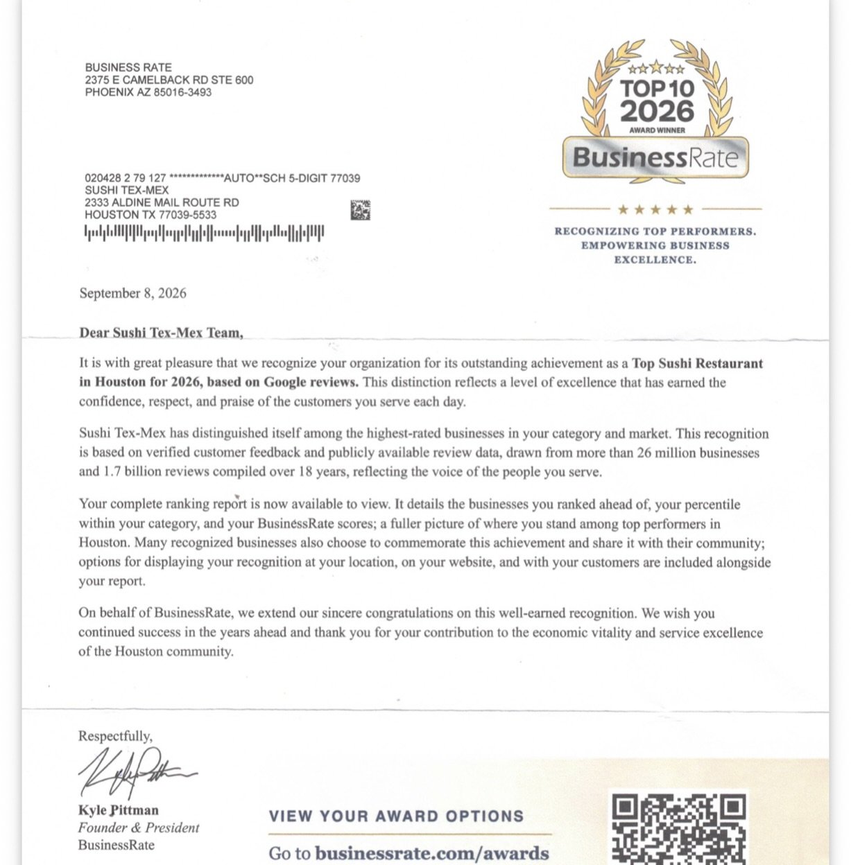 We truly appreciate this award. It reflects the hard work, daily dedication, and care that every single member of our team brings to our customers. We share this honor with our customers who has helps us succeed and for always choosing us, we&rsquo;r