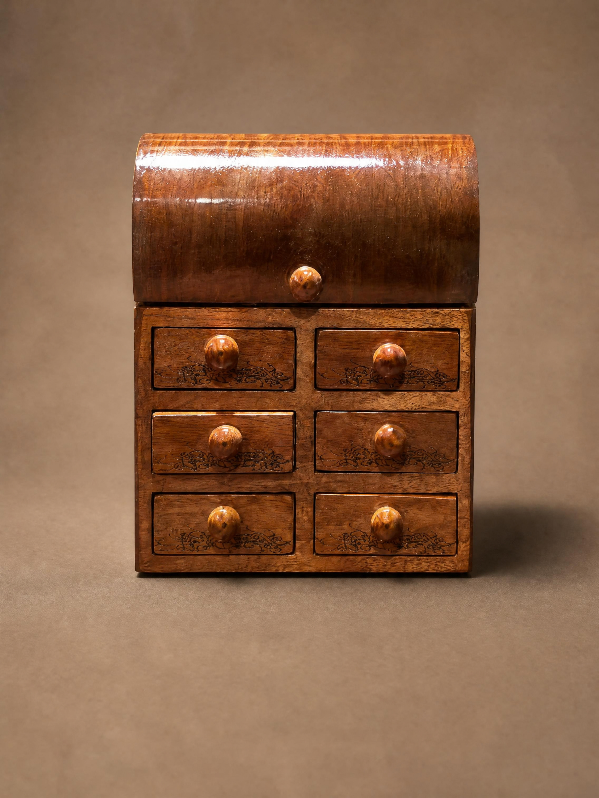 Handcrafted Solid Walnut Jewelry Box, Six-Drawer, Curved Top, Flocked Velvet Lining