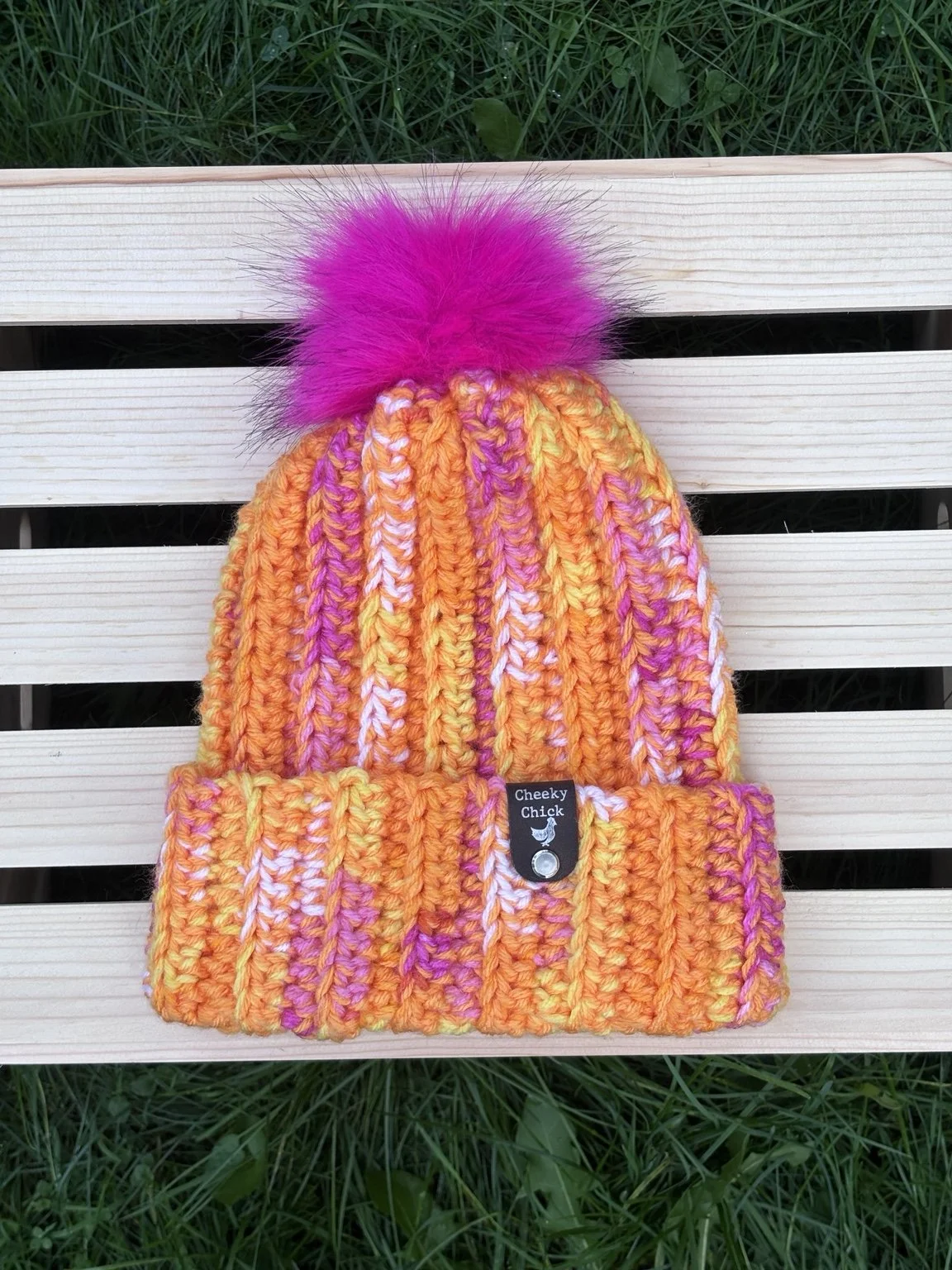 Pink & Orange Faux-Fur Pom Crochet Beanie