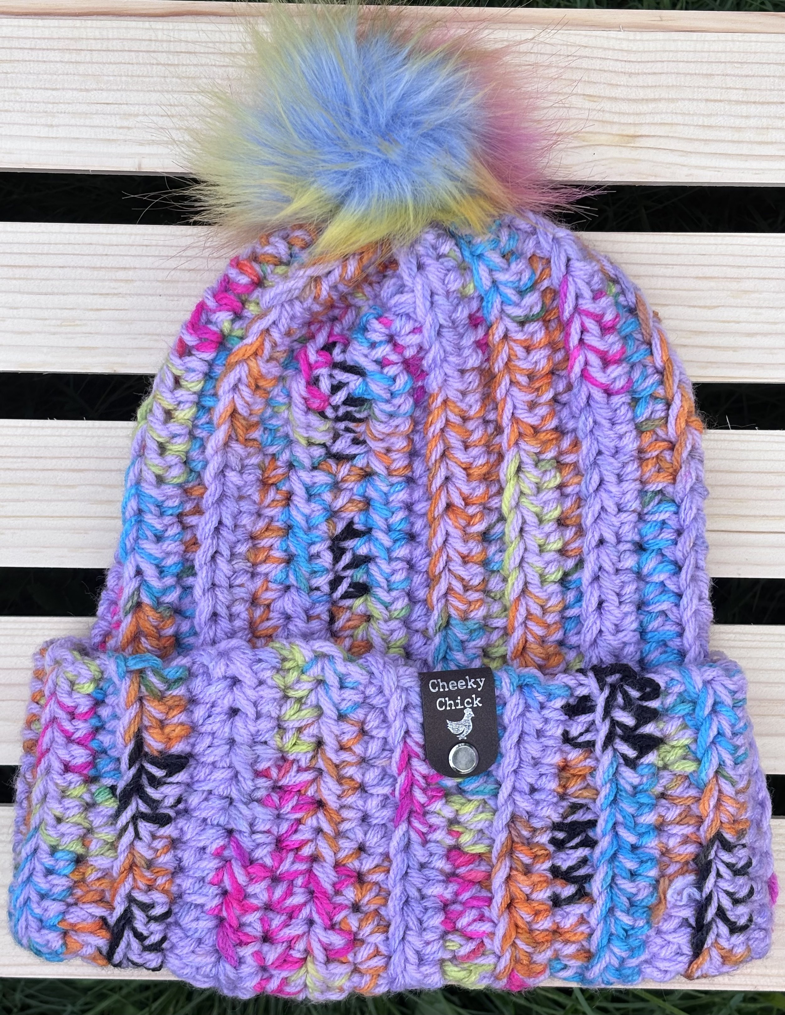 Lilac Rainbow Faux-Fur Pom Crochet Beanie