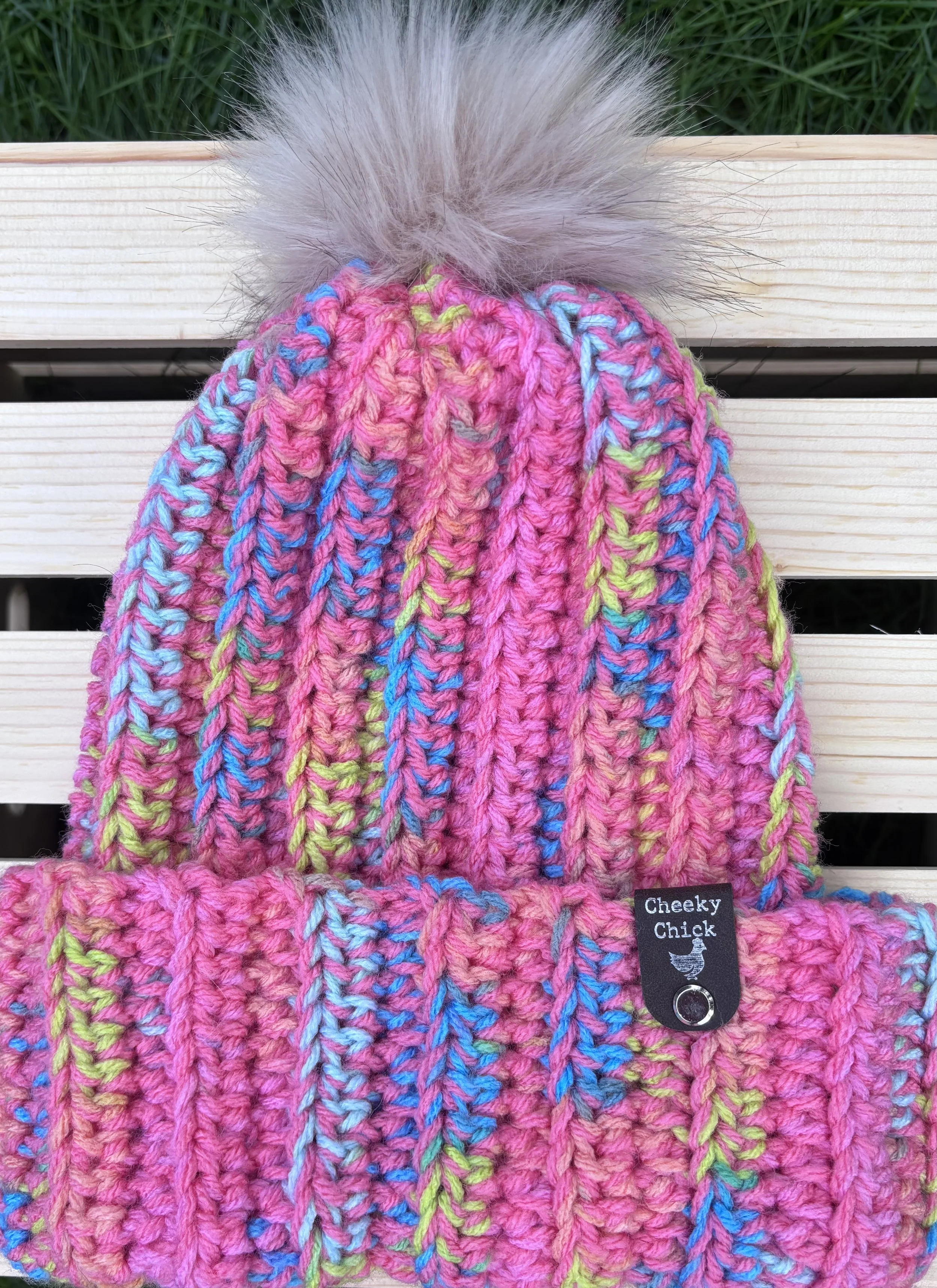 Watermelon Rainbow Faux-Fur Pom Crochet Beanie