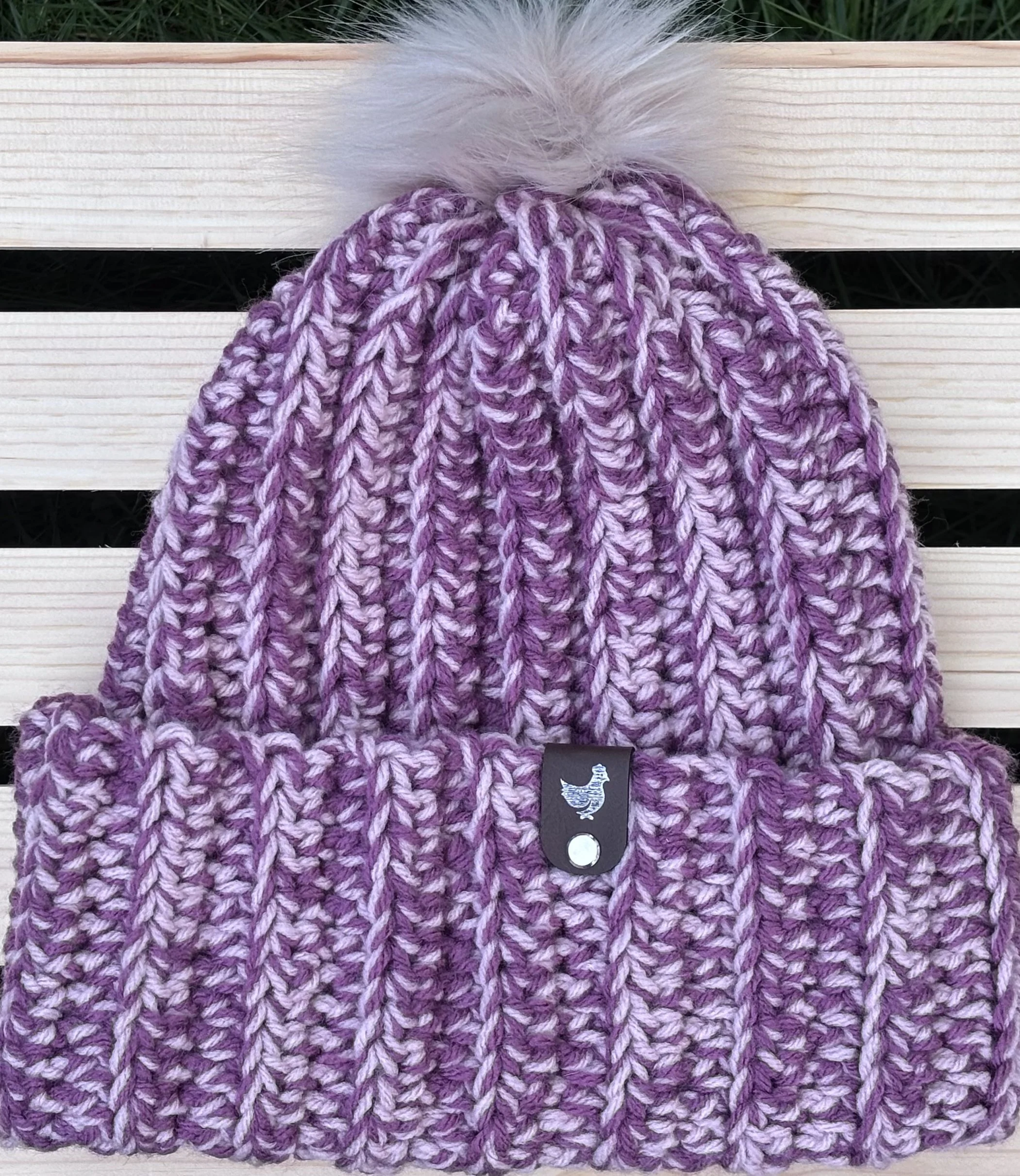 Plum & Light Rose Faux-Fur Pom Crochet Beanie
