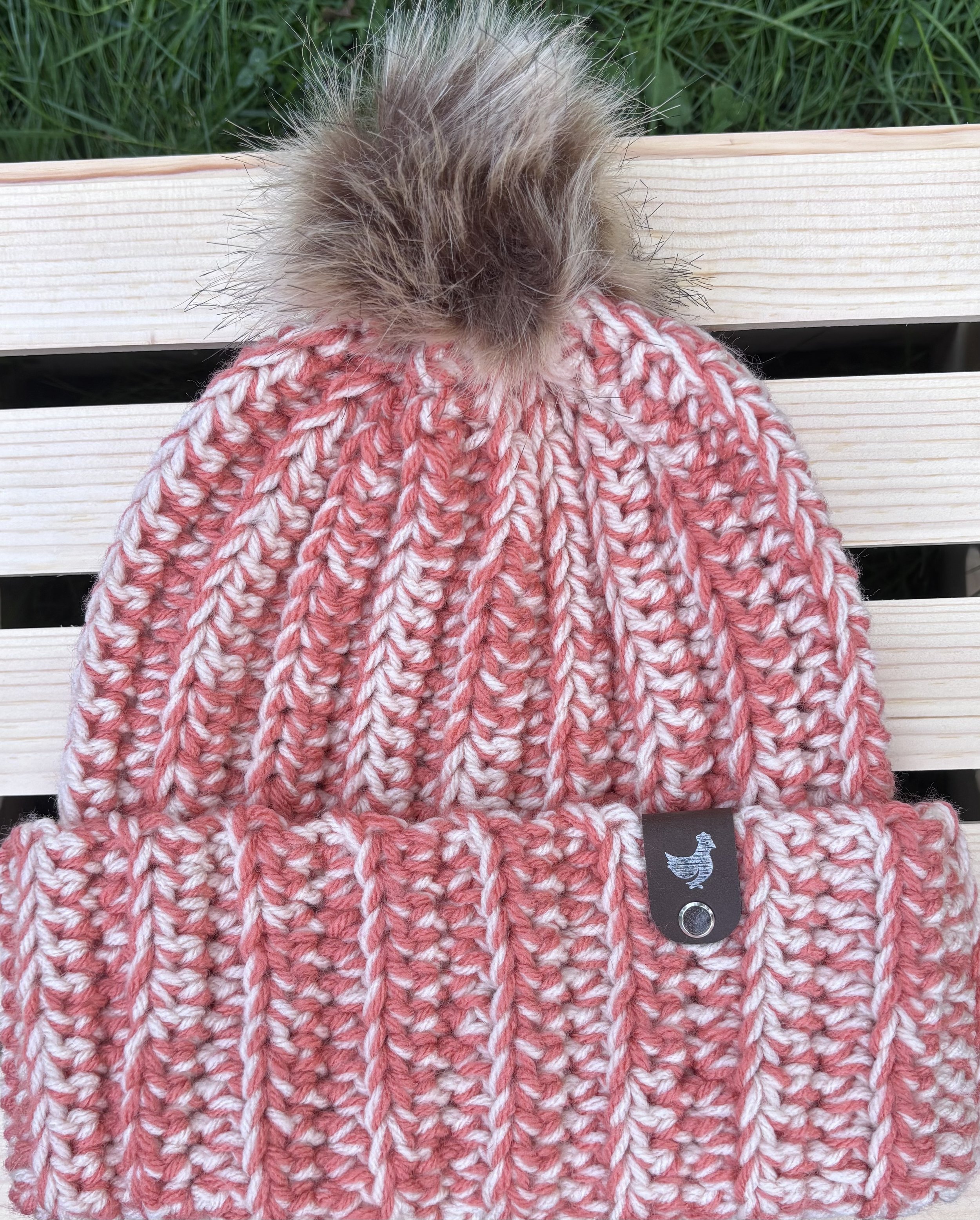 Coral & Peach Faux-Fur Pom Crochet Beanie