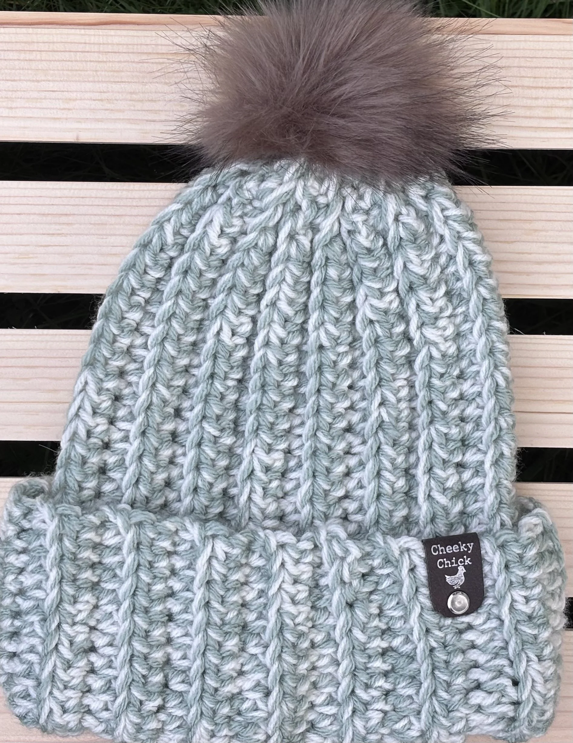 Sage & Cream Faux-Fur Pom Crochet Beanie