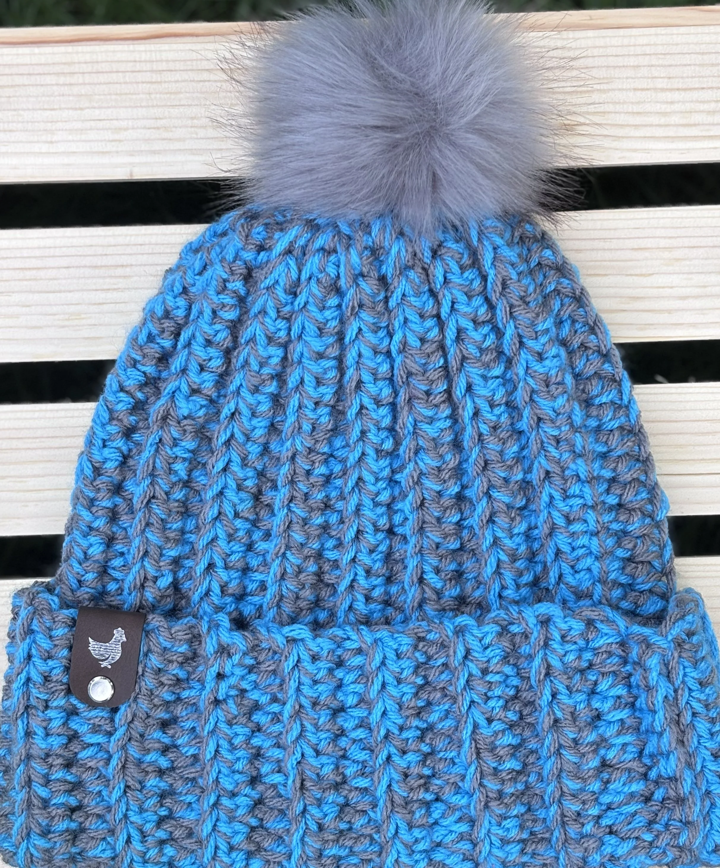 "Honolulu Blue" & Gray Faux-Fur Pom Crochet Beanie