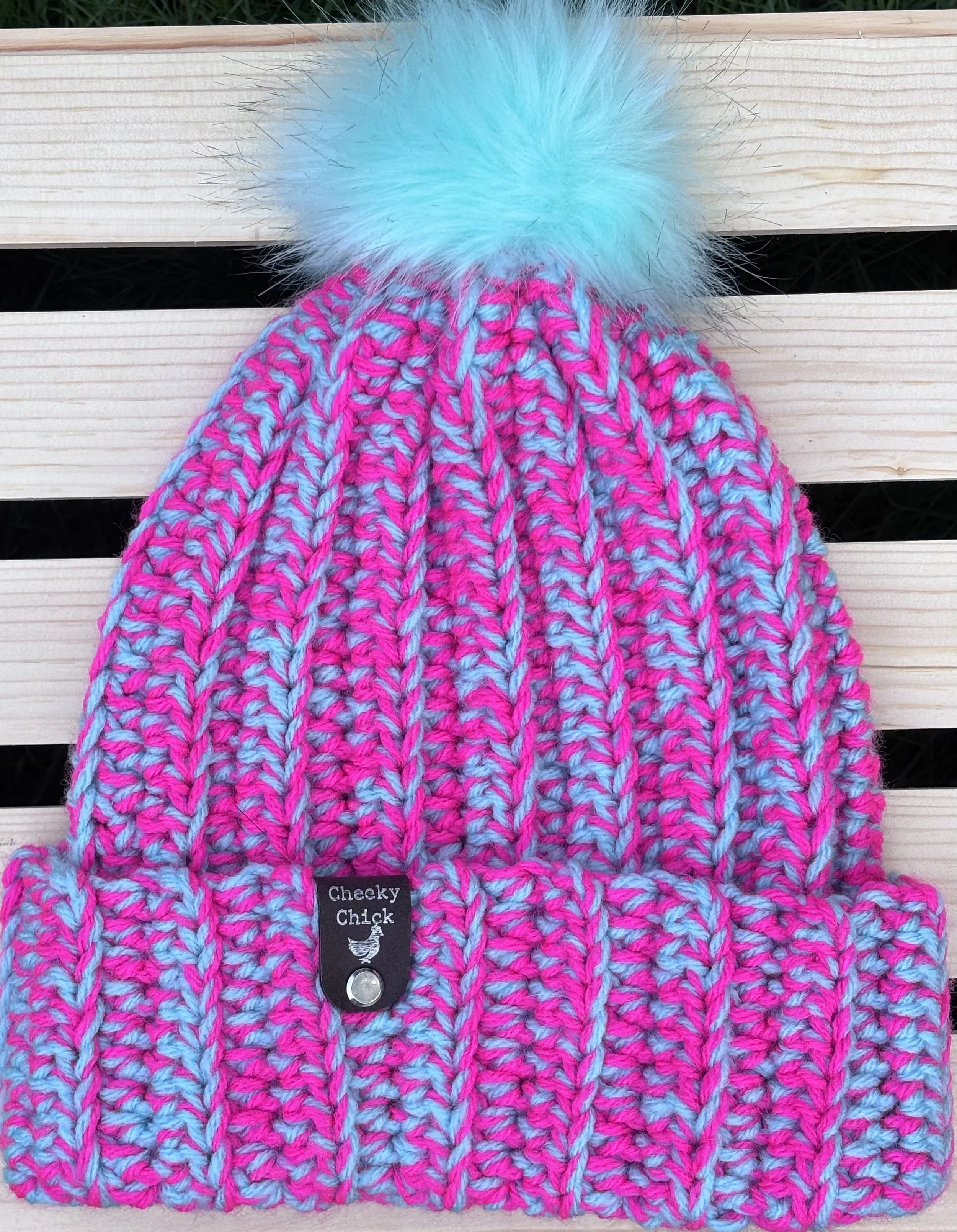 Hot Pink & Aqua Faux-Fur Pom Crochet Beanie