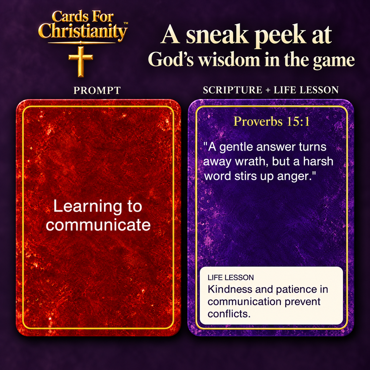 Cards for Christianity preview: Learning to communicate prompt paired with Proverbs 15:1 and a life lesson about kindness and patience.