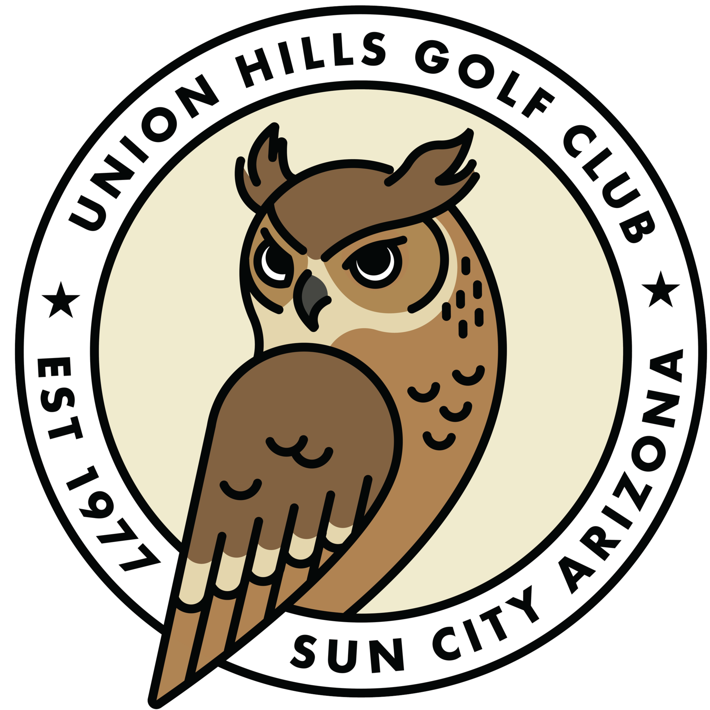 Logo with a cartoon bear holding a waffle cone on top, surrounded by text that reads 'On Hills Golf Club Sun City, Arizona' in a circular pattern
