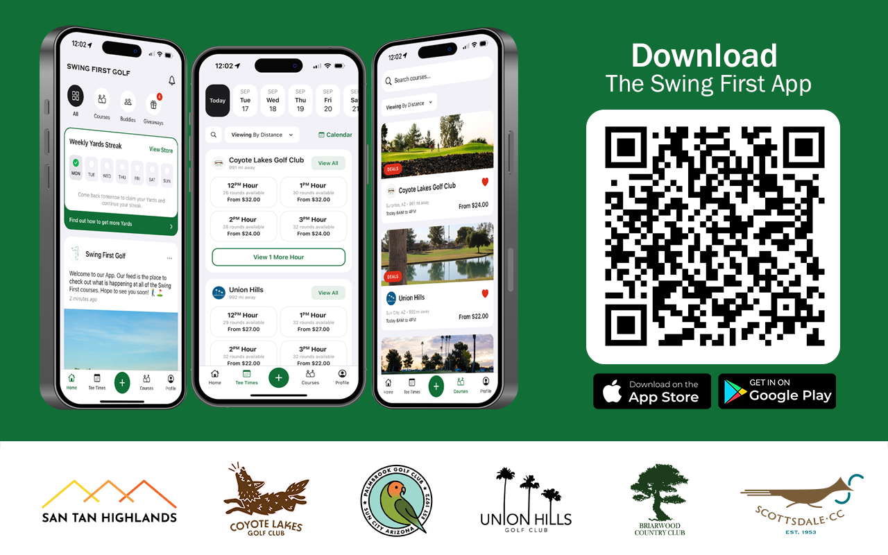 Promotional graphic for the Swing First golf app featuring three smartphone screens displaying the app interface, QR code to download on app stores, download logos for Apple and Google Play, and logos of six golf course clubs at the bottom.