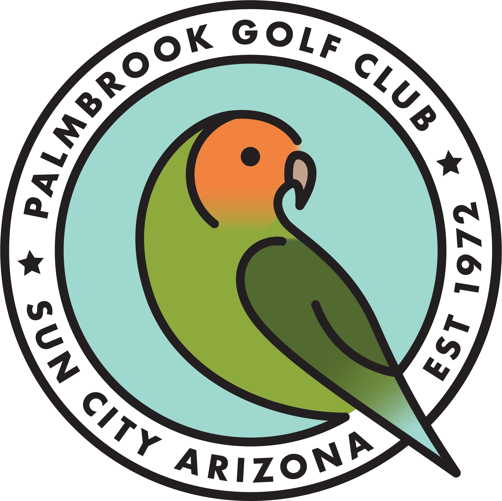 Logo for the Pebble Creek Golf Club in Arizona with a stylized parrot in the center and text around the edge.