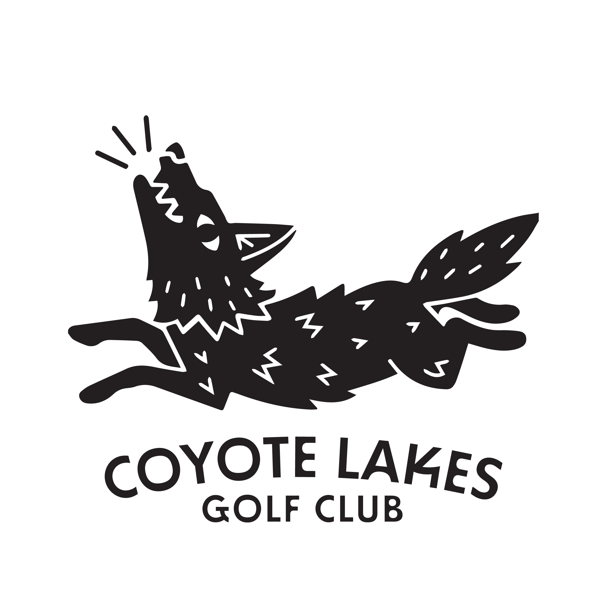 Black and white logo for Coyotes Lake Golf Club featuring a coyote with a golf tee in its mouth.