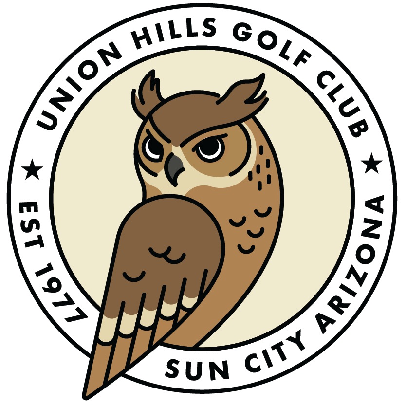 Logo of Union Hills Golf Club in Sun City, Arizona, featuring a stylized owl with brown feathers and angry eyes, encircled by the club's name and establishment year 1977.