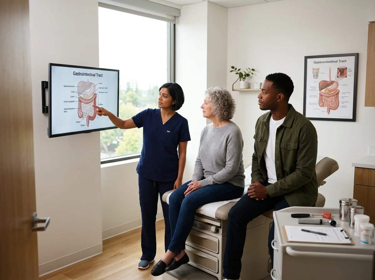 Medical consultation room with a healthcare professional explaining the gastrointestinal tract to a woman and a man, using a diagram on a wall-mounted screen.